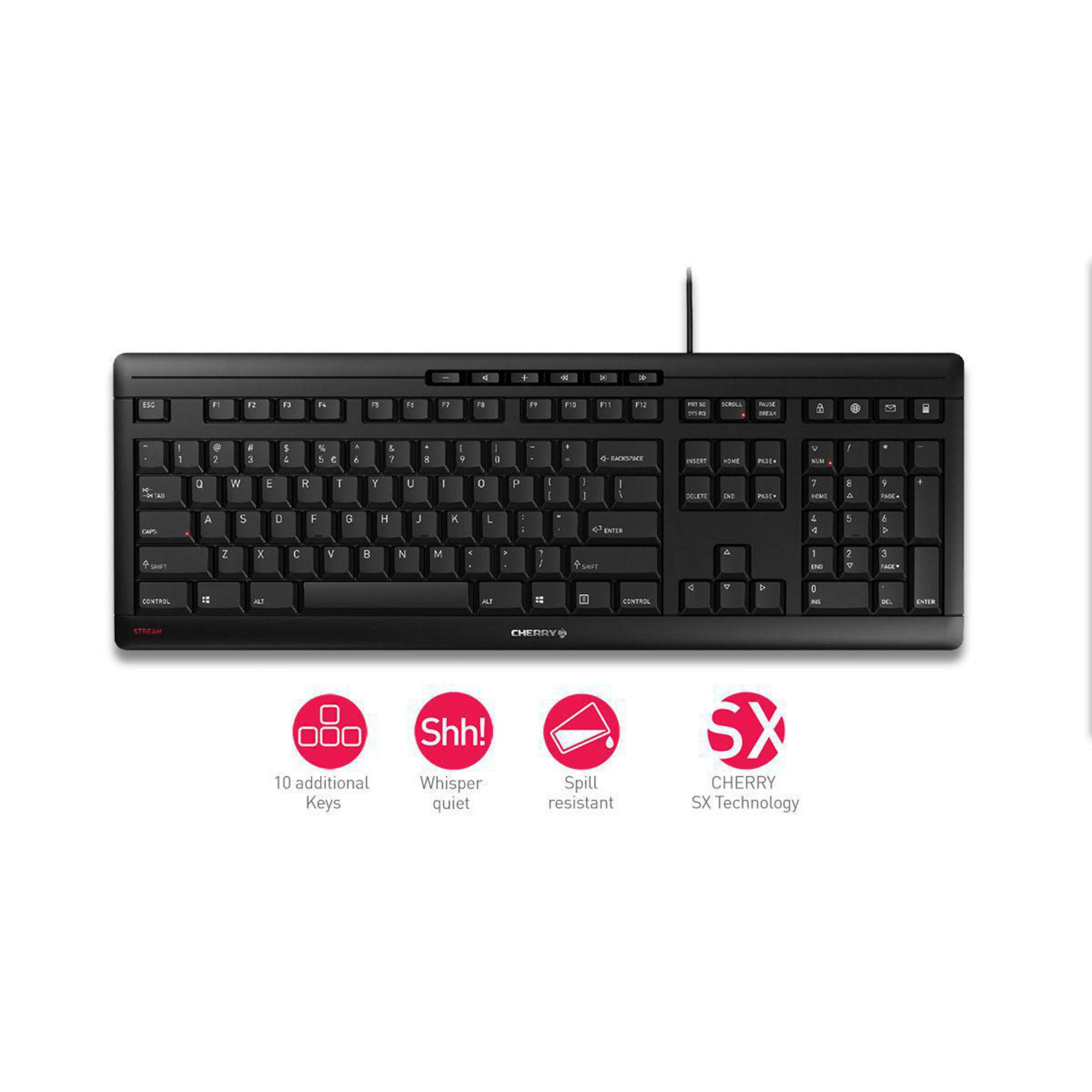 Teclado negro con teclas blancas y rojas. Texto: 10 teclas adicionales, Susurro silencioso, Resistente a derrames, Tecnología Cherry SX.