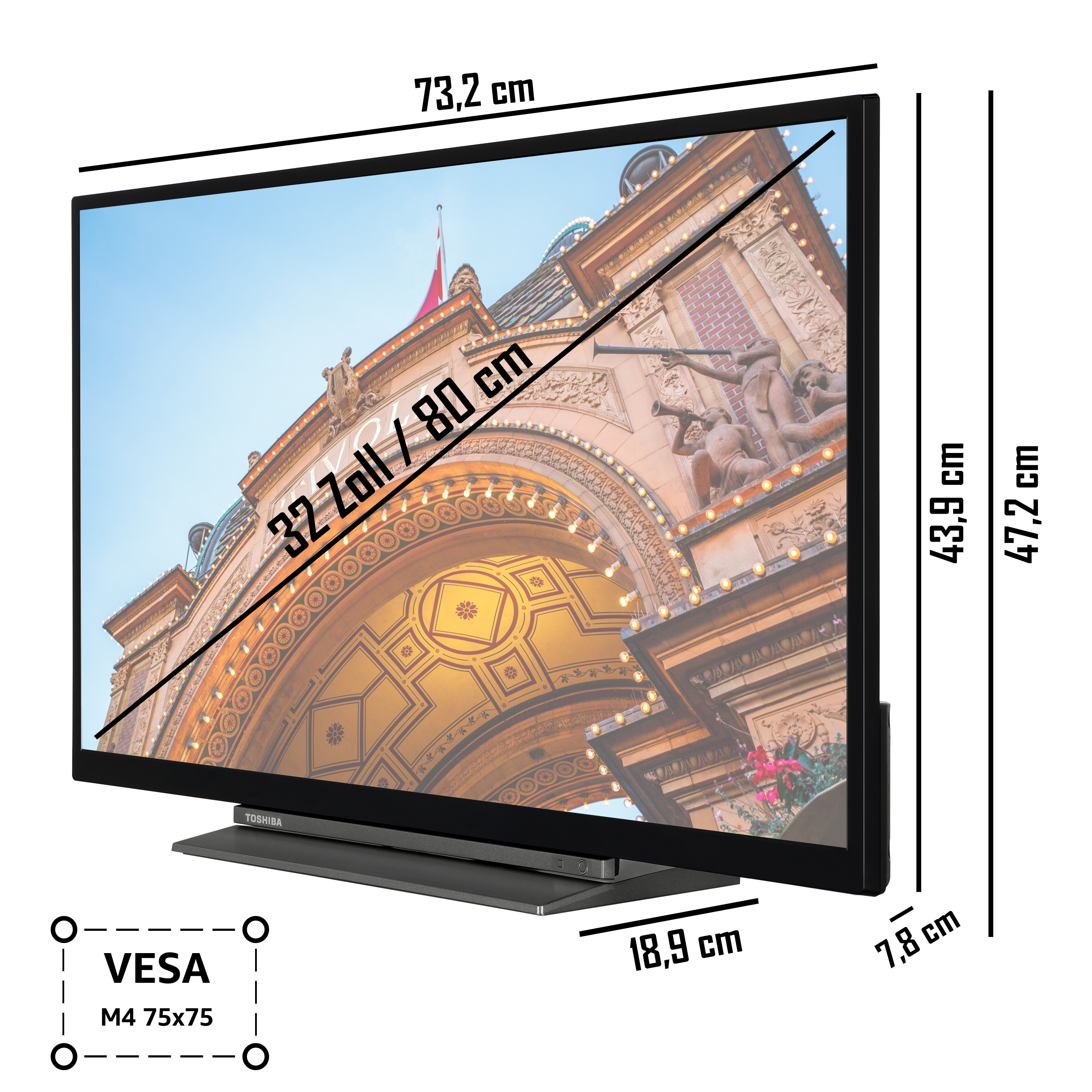 80 32 TV) 32WD3C63DAW TOSHIBA TV cm, LED / Zoll HD-ready, (Flat, SMART