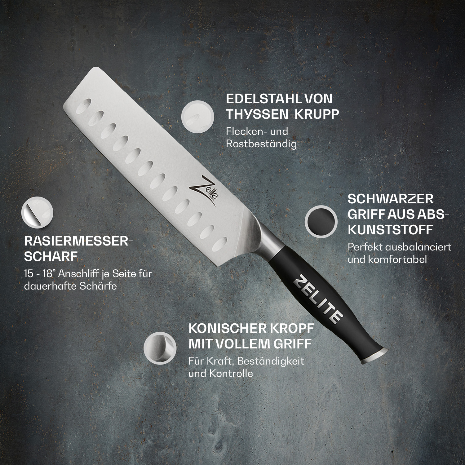 Ein silbernes und schwarzes Messer mit schwarzem Griff, Textbeschriftungen, auf grauer Fläche.