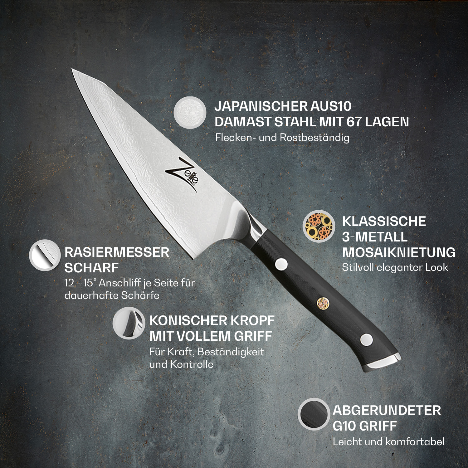 Nahaufnahme eines Küchenmessers. Es hat einen schwarzen Griff und eine silberne Klinge mit Text.