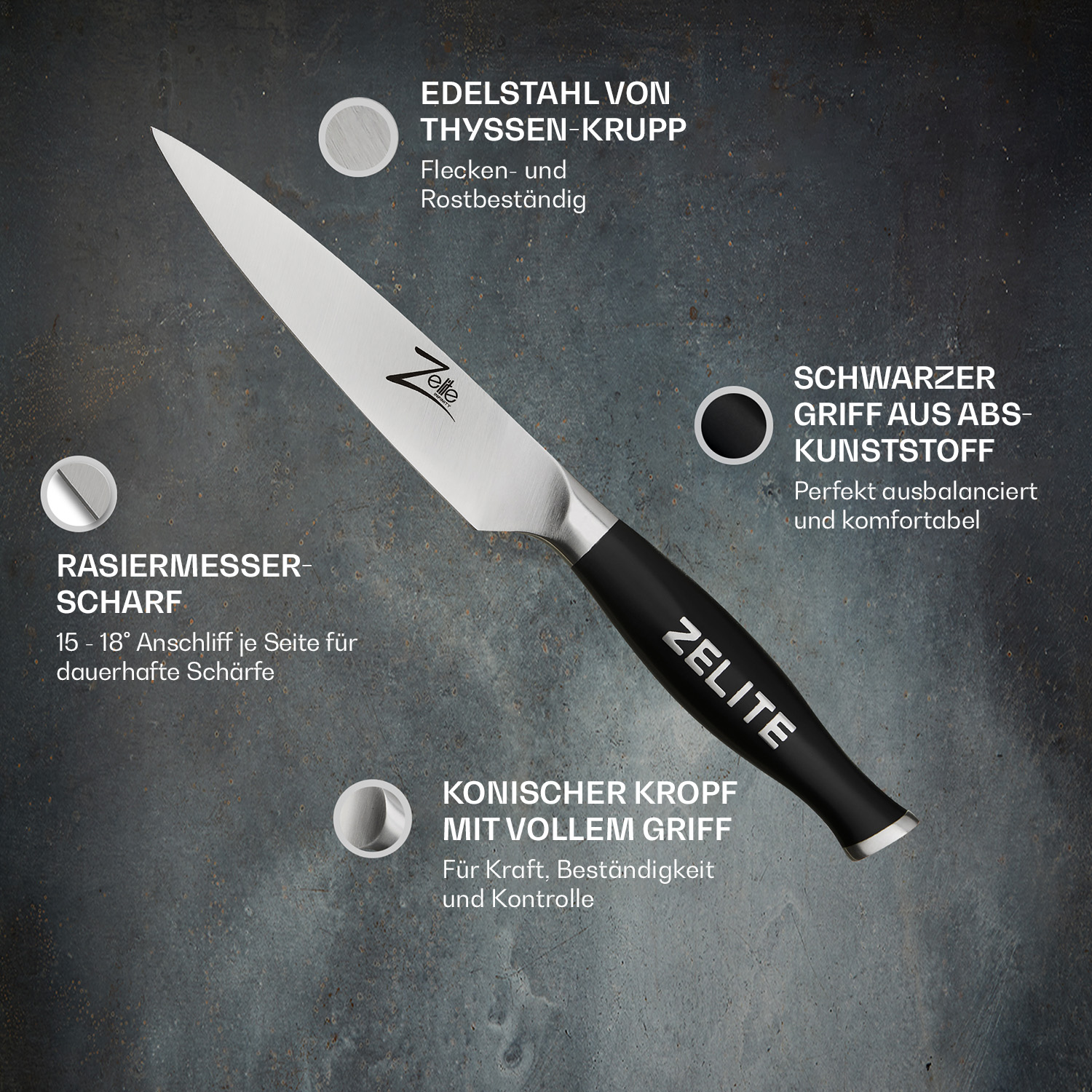 Messer mit schwarzem Griff und silberner Klinge. Textetiketten beschreiben Merkmale. Grauer Hintergrund.