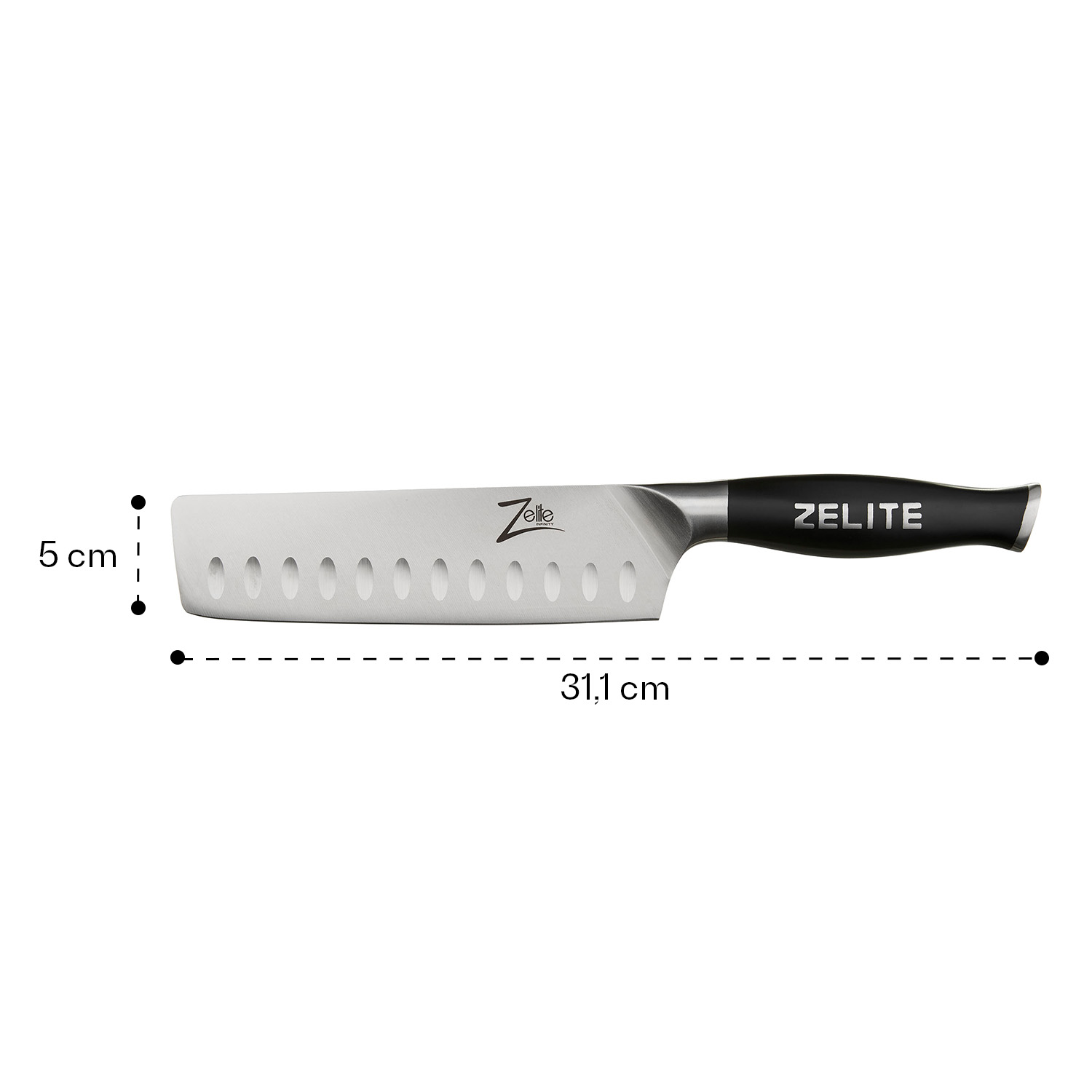 Ein ZELITE Küchenmesser mit schwarzem Griff und Maßen.