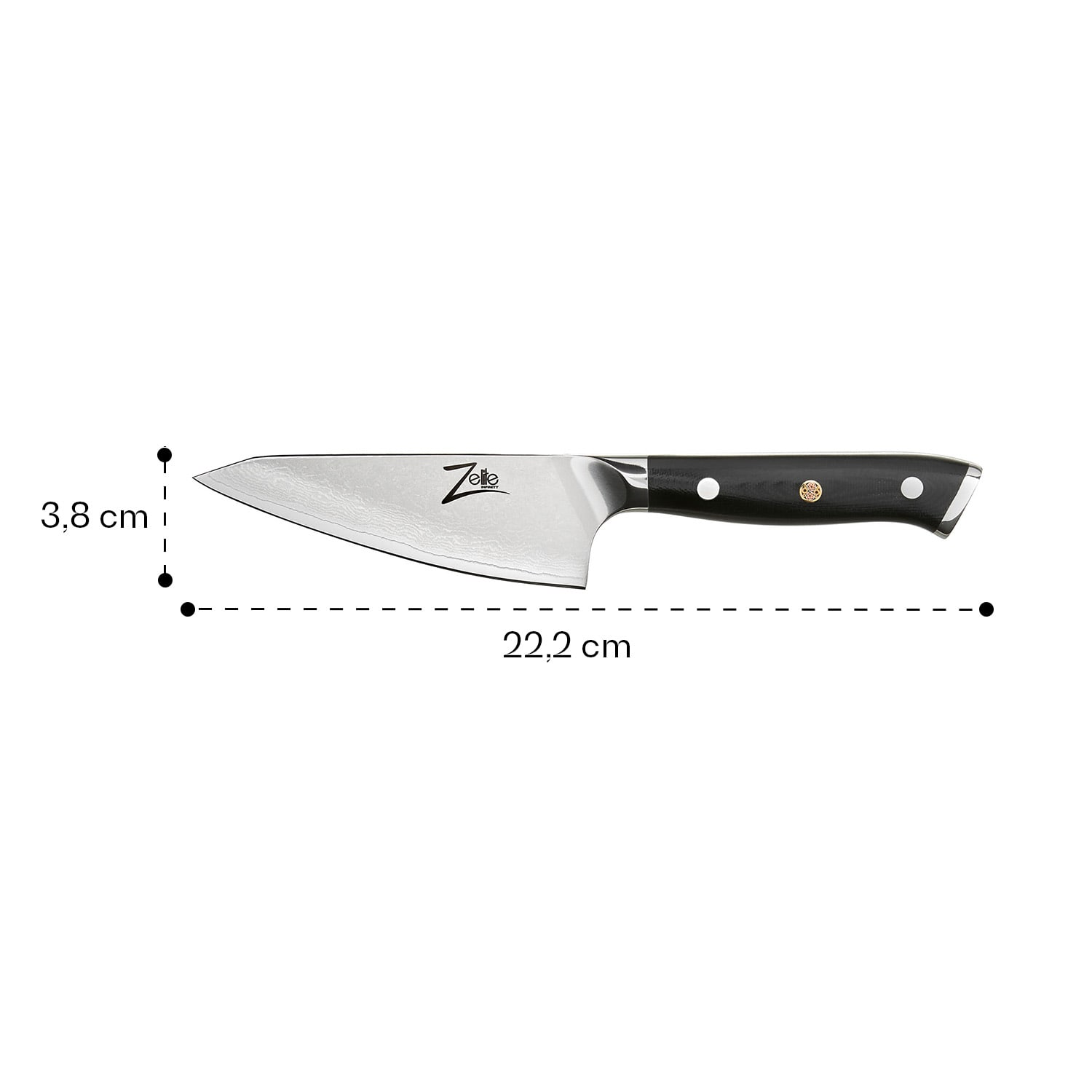 Edelstahl-Kochmesser mit schwarzem Griff, gemessen mit 22,2 cm.