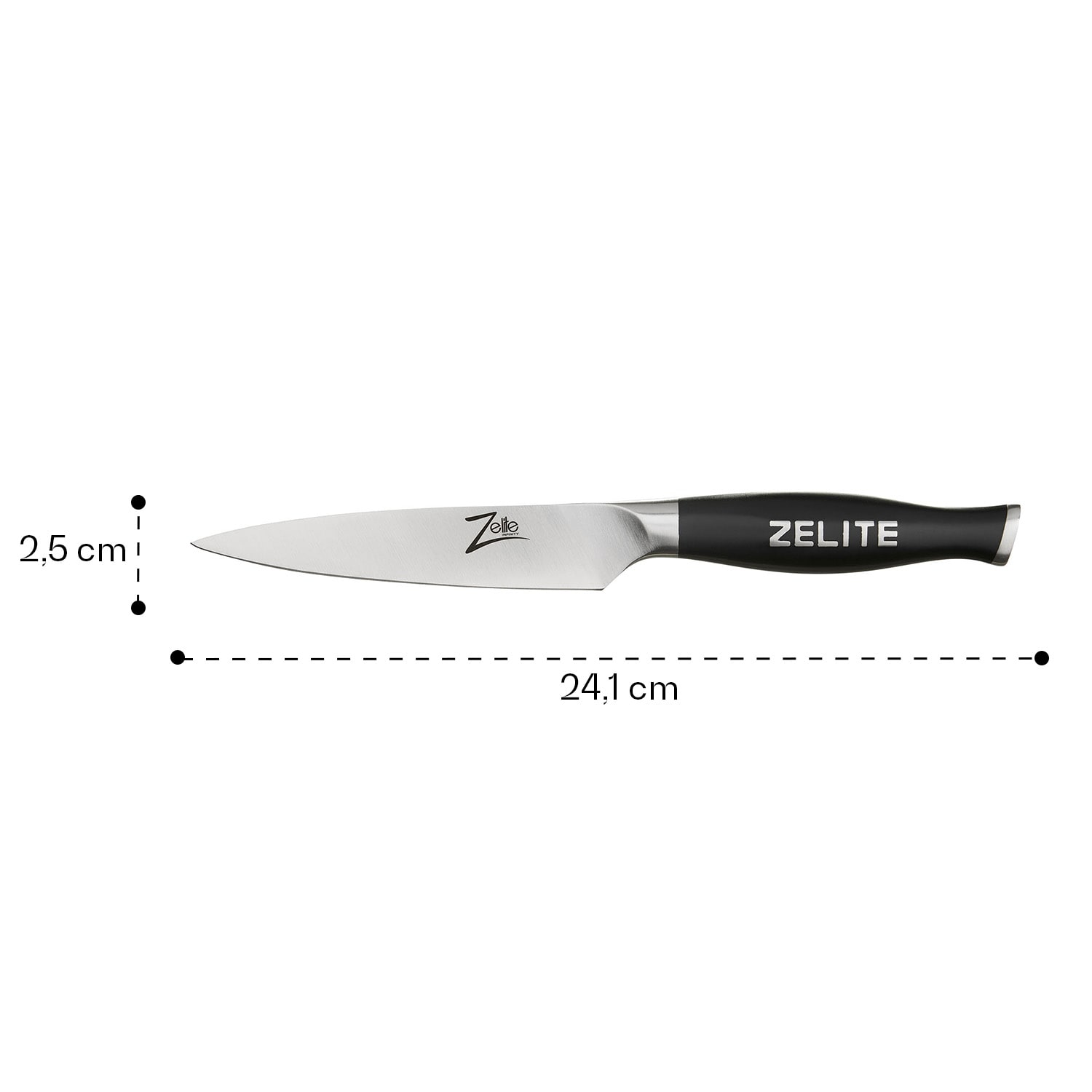 Ein Küchenmesser mit schwarzem Griff, neben einer Messskala, die seine Größe anzeigt.