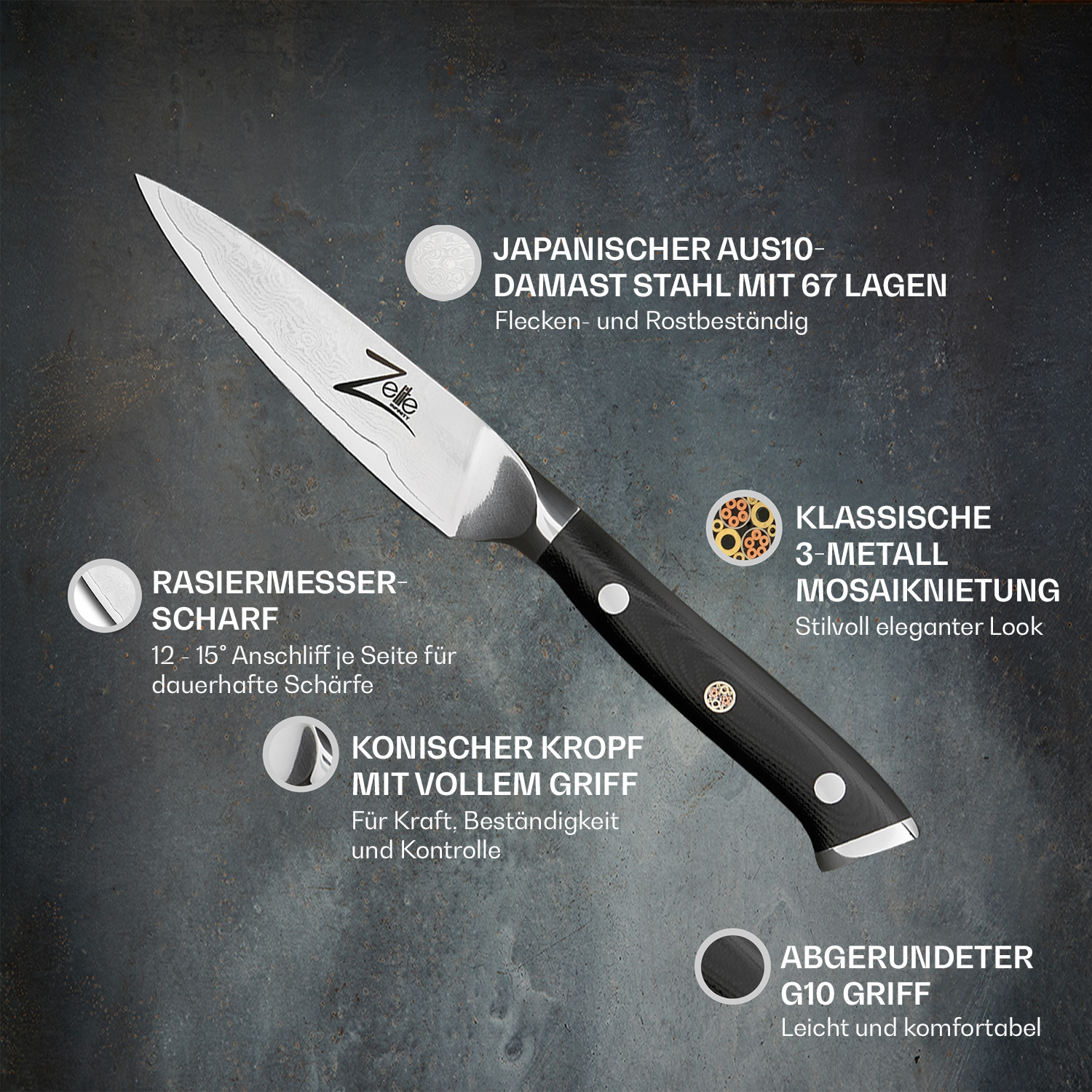 Ein Messer mit schwarzem Griff, mit Textetiketten, die Merkmale angeben.