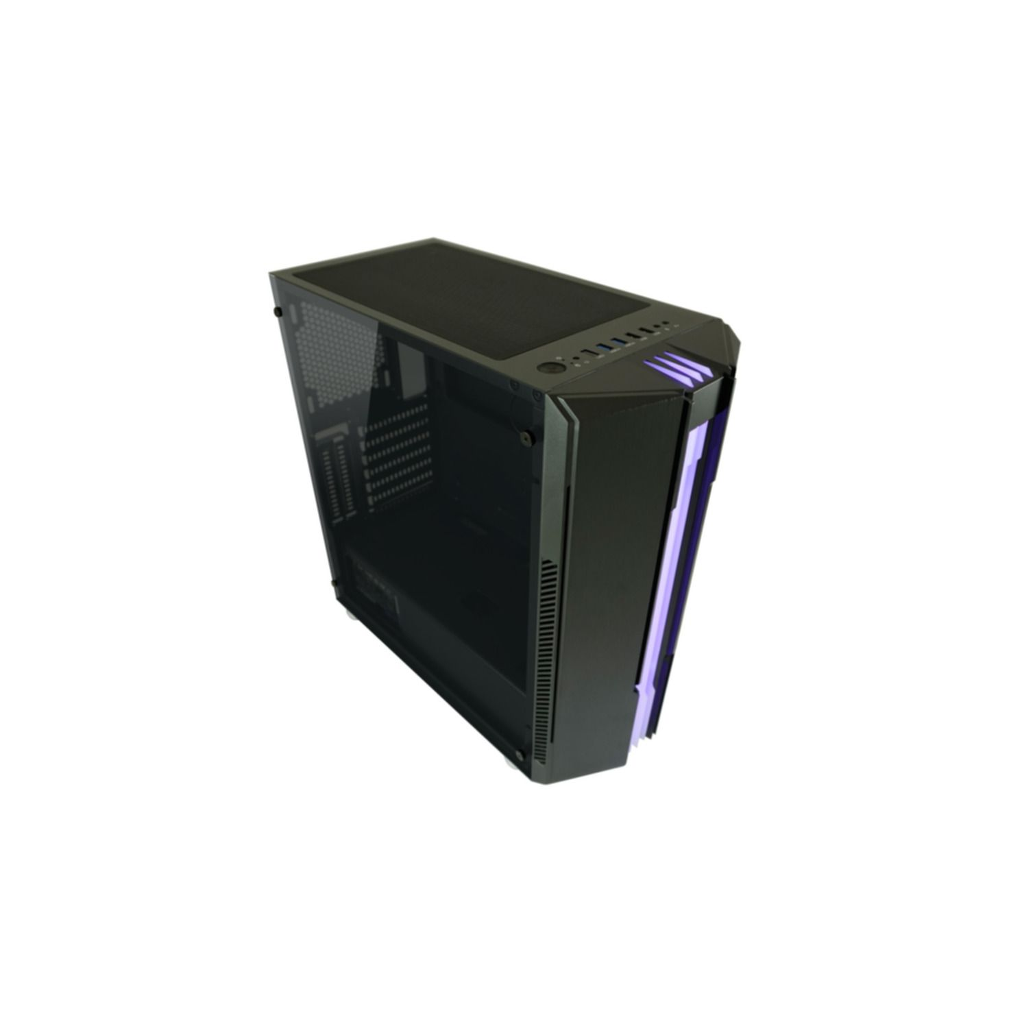 Schwarzes Computergehäuse mit Glas-Seitenwand und lila Akzenten.