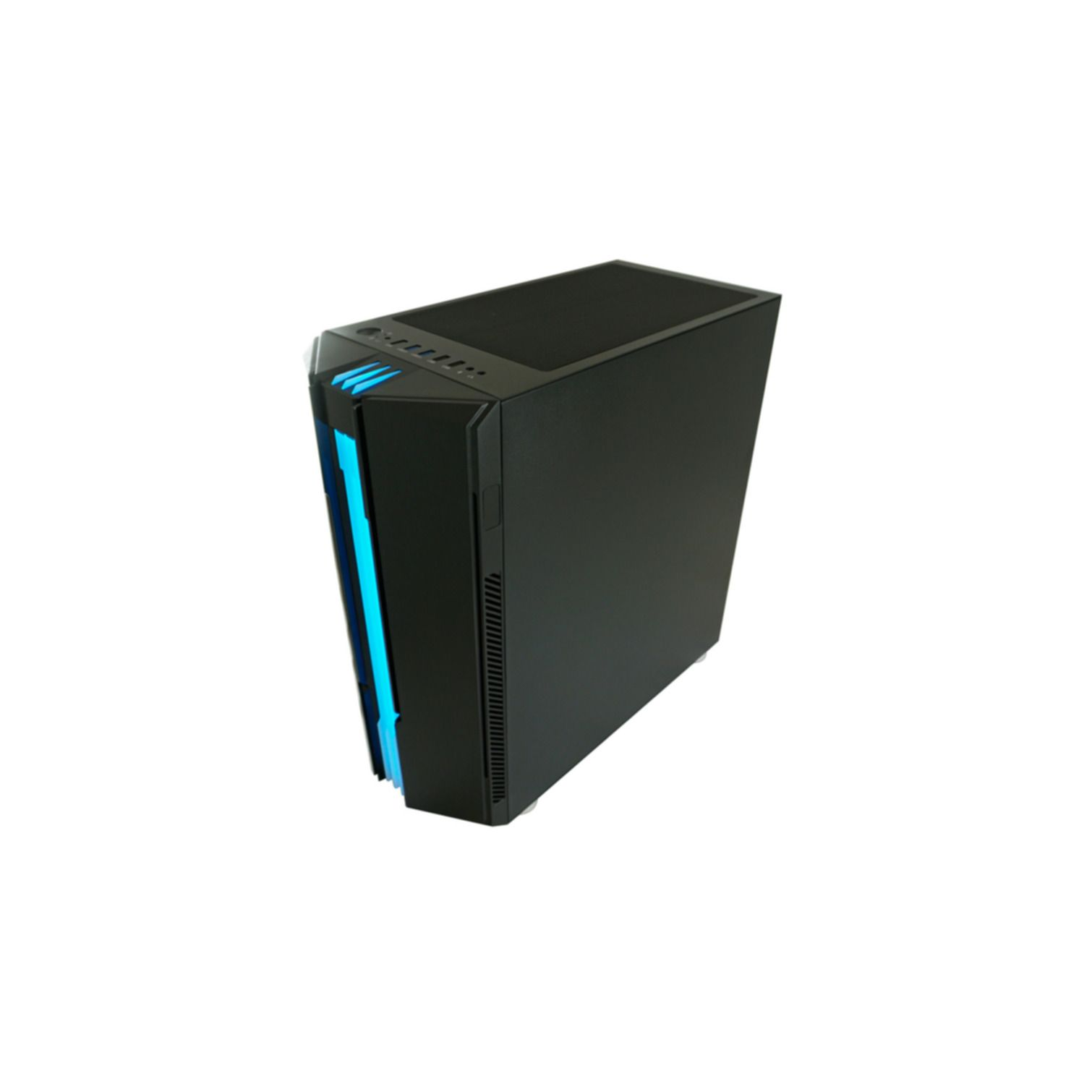 Ein schwarzes Computergehäuse mit blauen LED-Leuchten auf der Vorderseite, freigestellt.