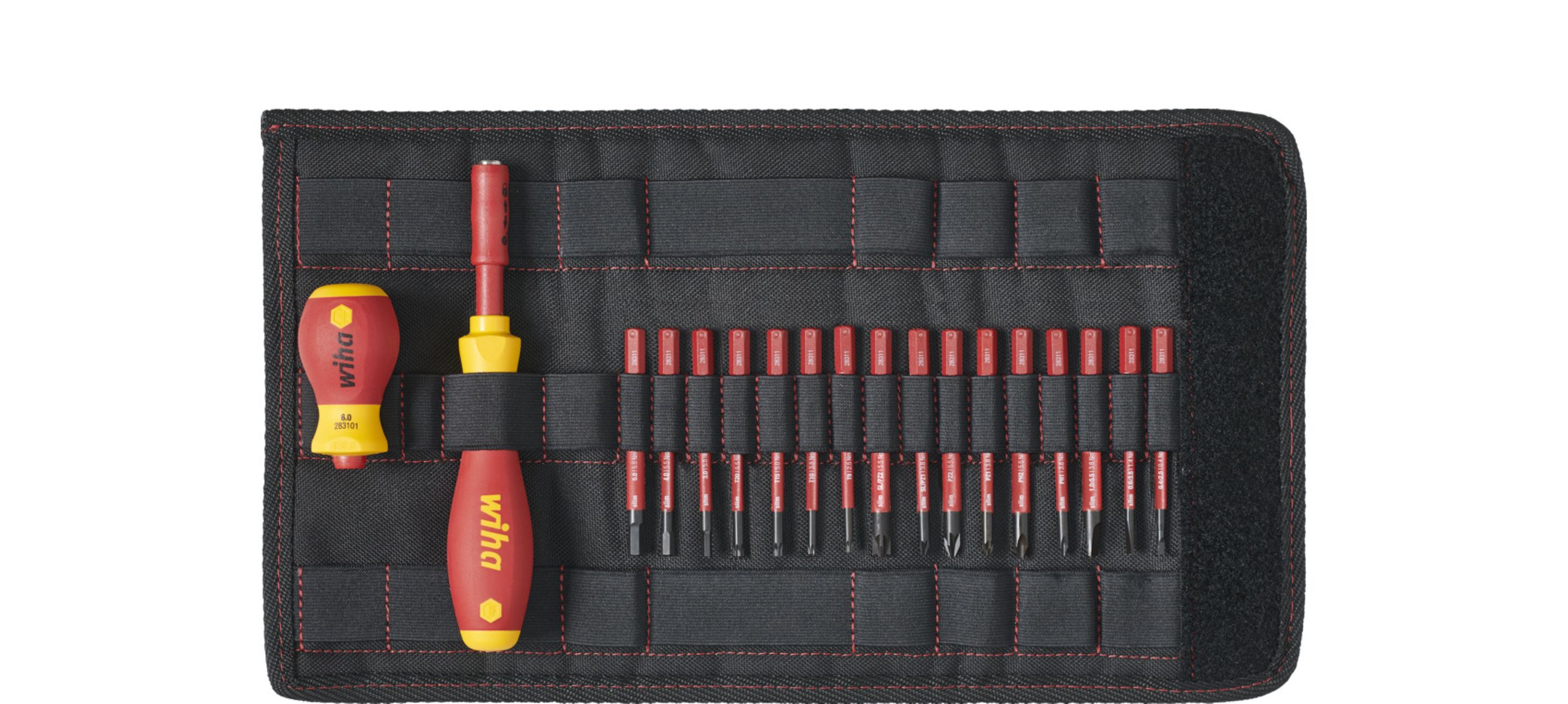 Zestaw narzędzi z bitami do śrubokrętów w czarnym etui zwijanym na białym tle.