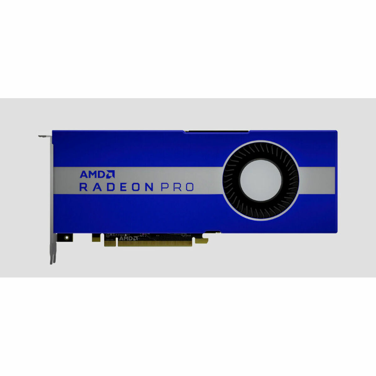 Scheda grafica AMD Radeon Pro. Design blu e argento. Ventola nera al centro.