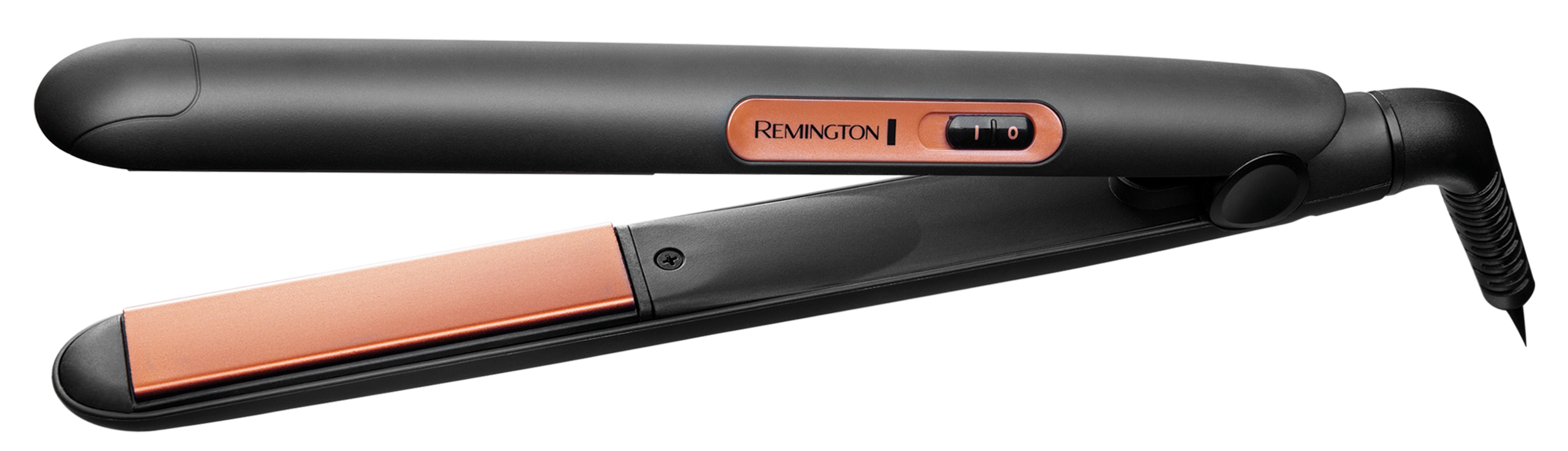 Czarna i różowo-złota prostownica Remington na białym tle. Ustawienia są widoczne.