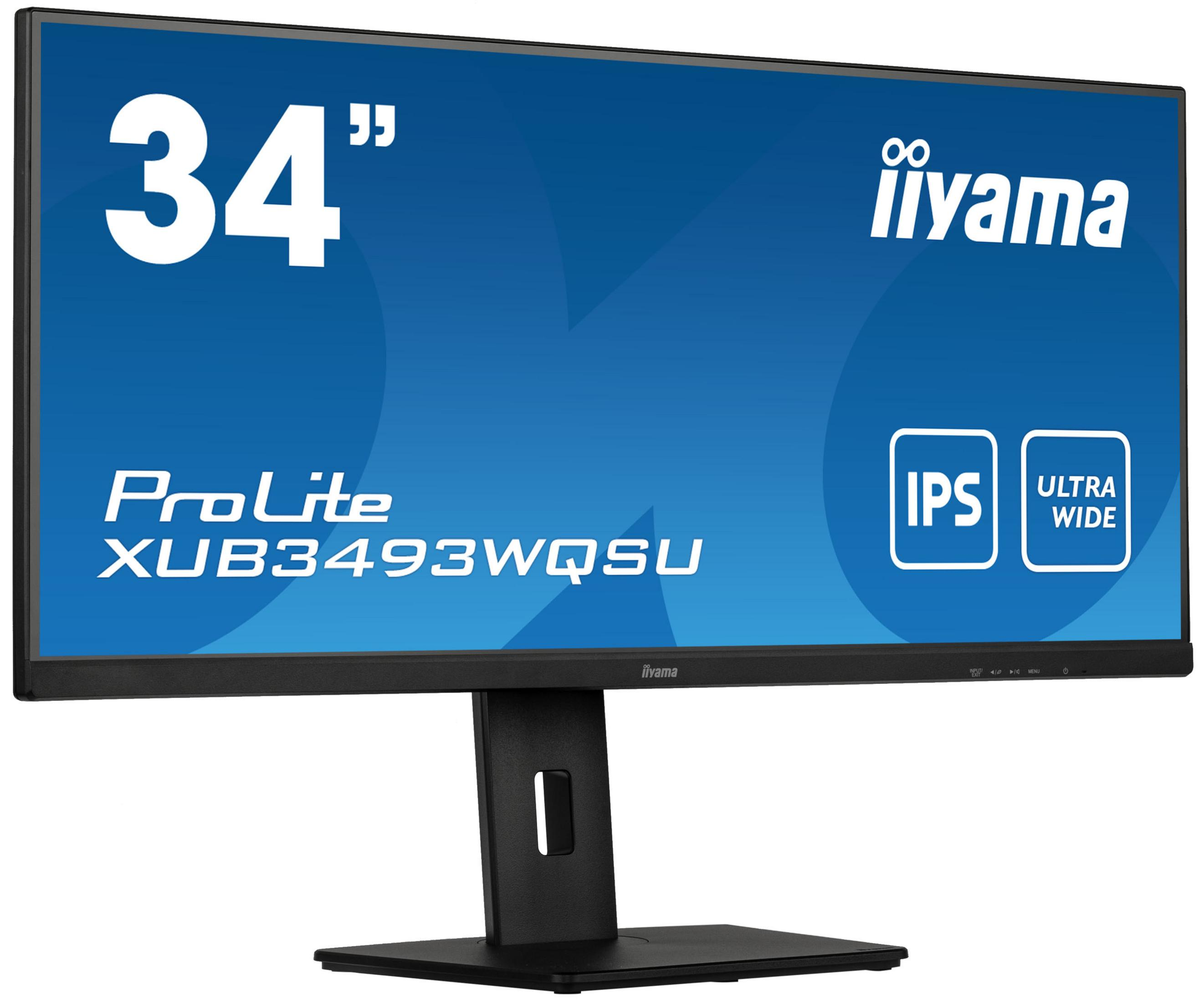 Czarny monitor z czarną podstawą. Wyświetla logo 'iiyama' i specyfikacje produktu.