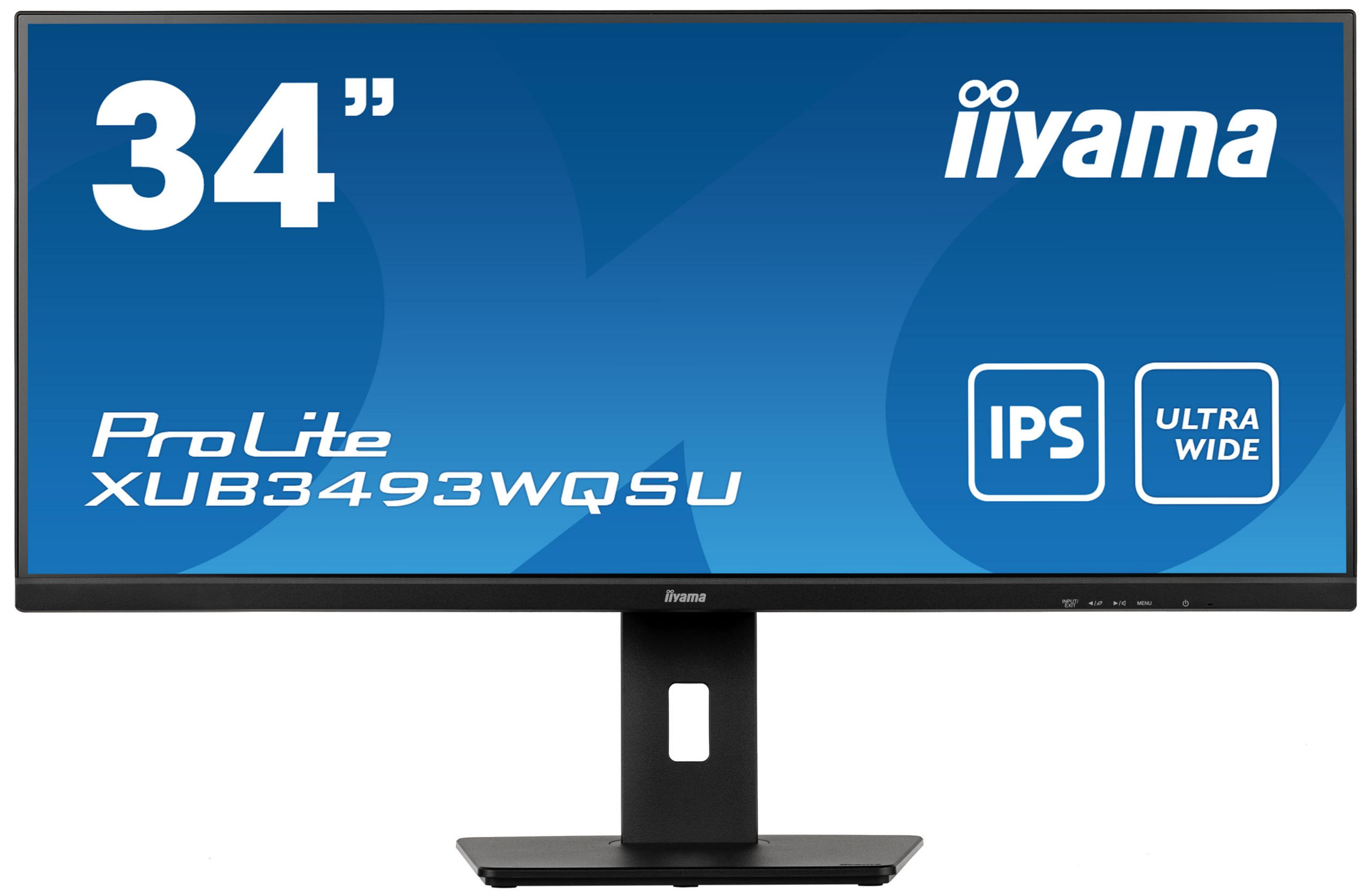 Monitor iiyama 34" z czarną ramką, niebieskim ekranem i białym logo. Czarny stojak.