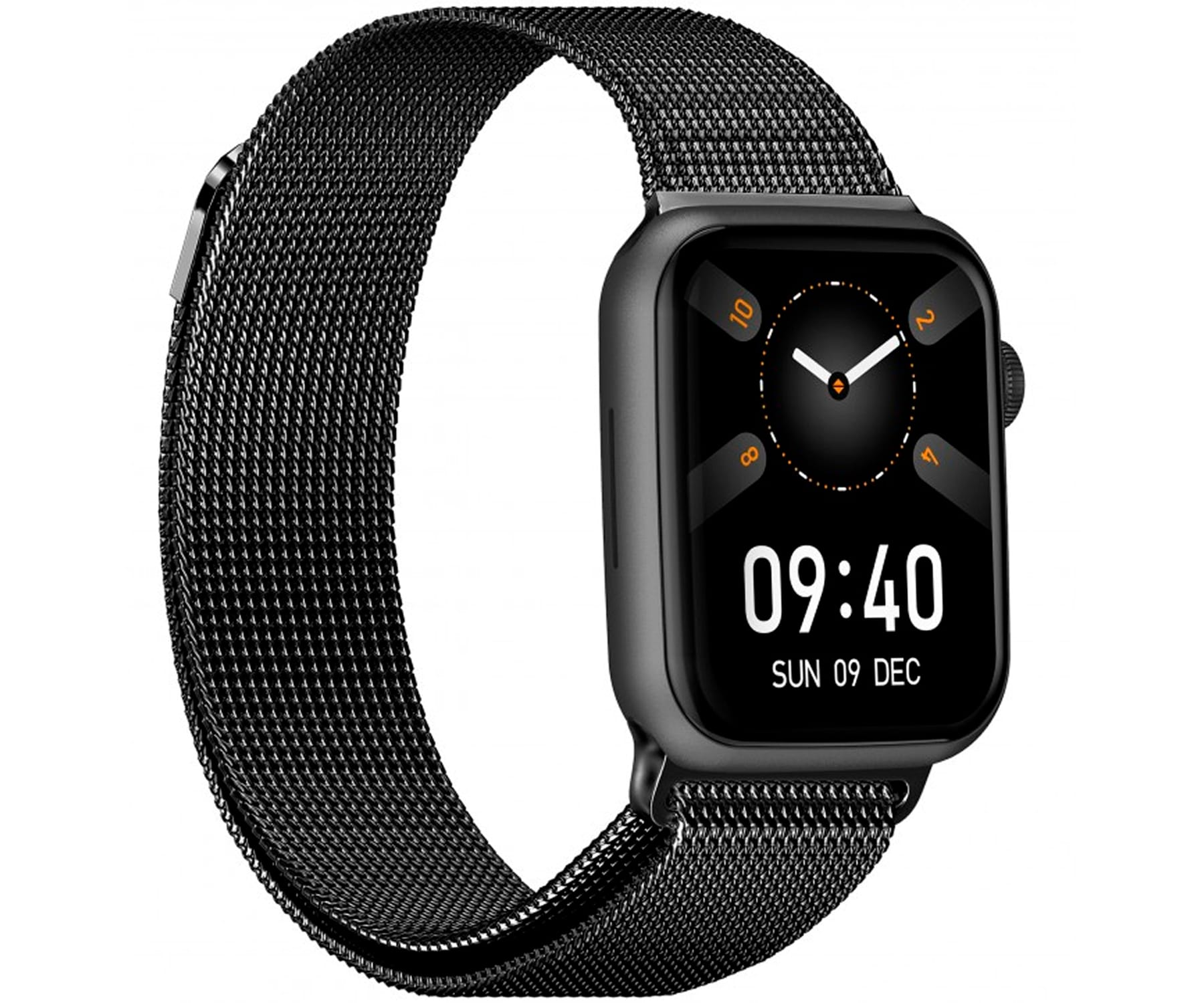 Schwarze Smartwatch mit schwarzem Metallband, zeigt 09:40 auf dem Bildschirm.