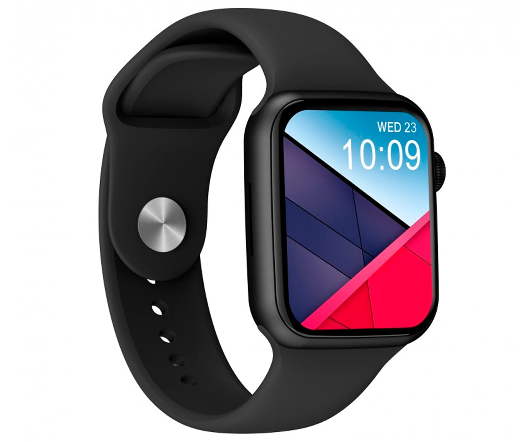 Eine schwarze Smartwatch mit schwarzem Armband. Der Bildschirm zeigt Uhrzeit und Datum.