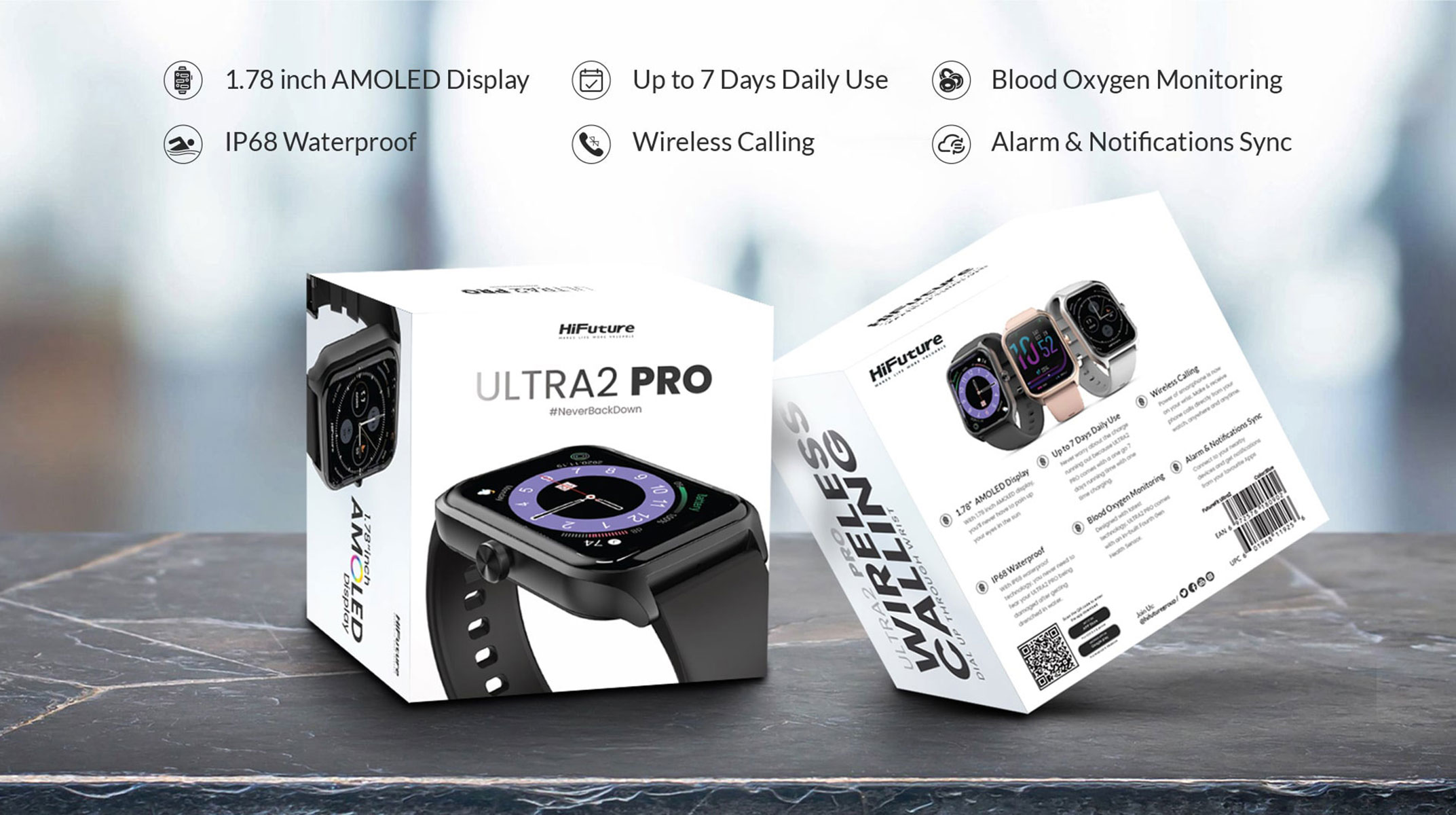 Scatola smartwatch con orologio, con funzionalità come display AMOLED, chiamate wireless e IP68.