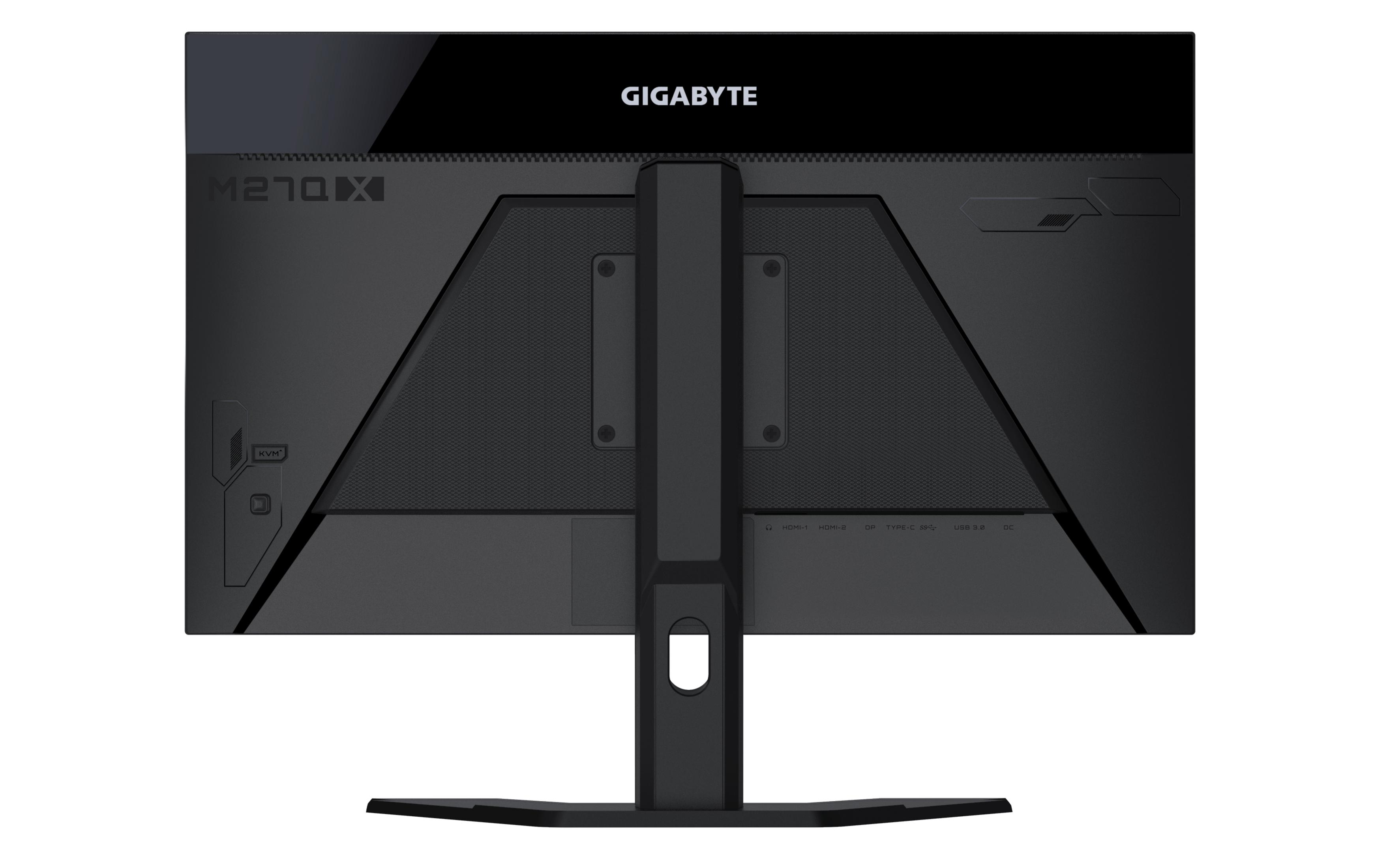 Retro di un monitor nero GIGABYTE. Diverse porte di ingresso visibili.