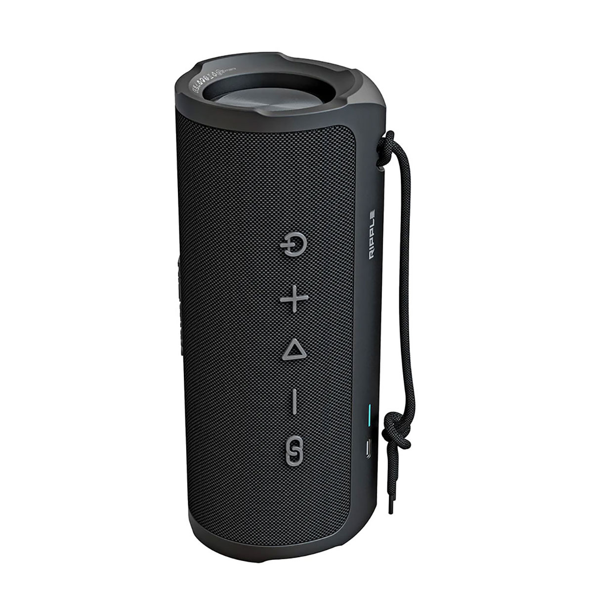 Un altoparlante portatile nero e grigio con una tracolla.