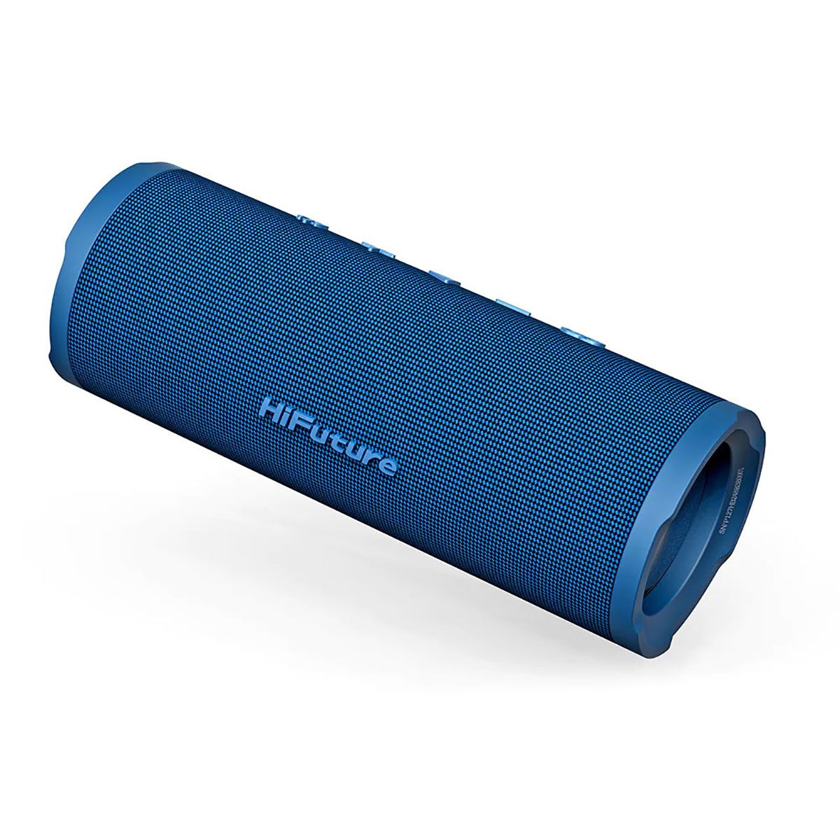 Altoparlante blu cilindrico con mesh, logo 'HiFuture' visibile.
