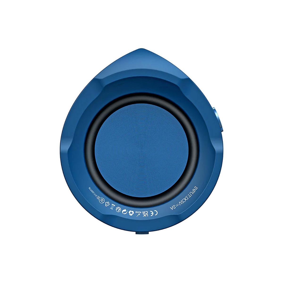Un altoparlante blu a forma di goccia. Ha un grande altoparlante centrale e icone piccole.
