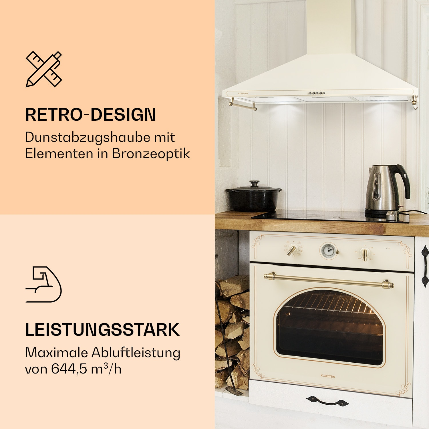 Cucina con cappa aspirante e forno dal design retrò, con etichette di testo in tedesco.
