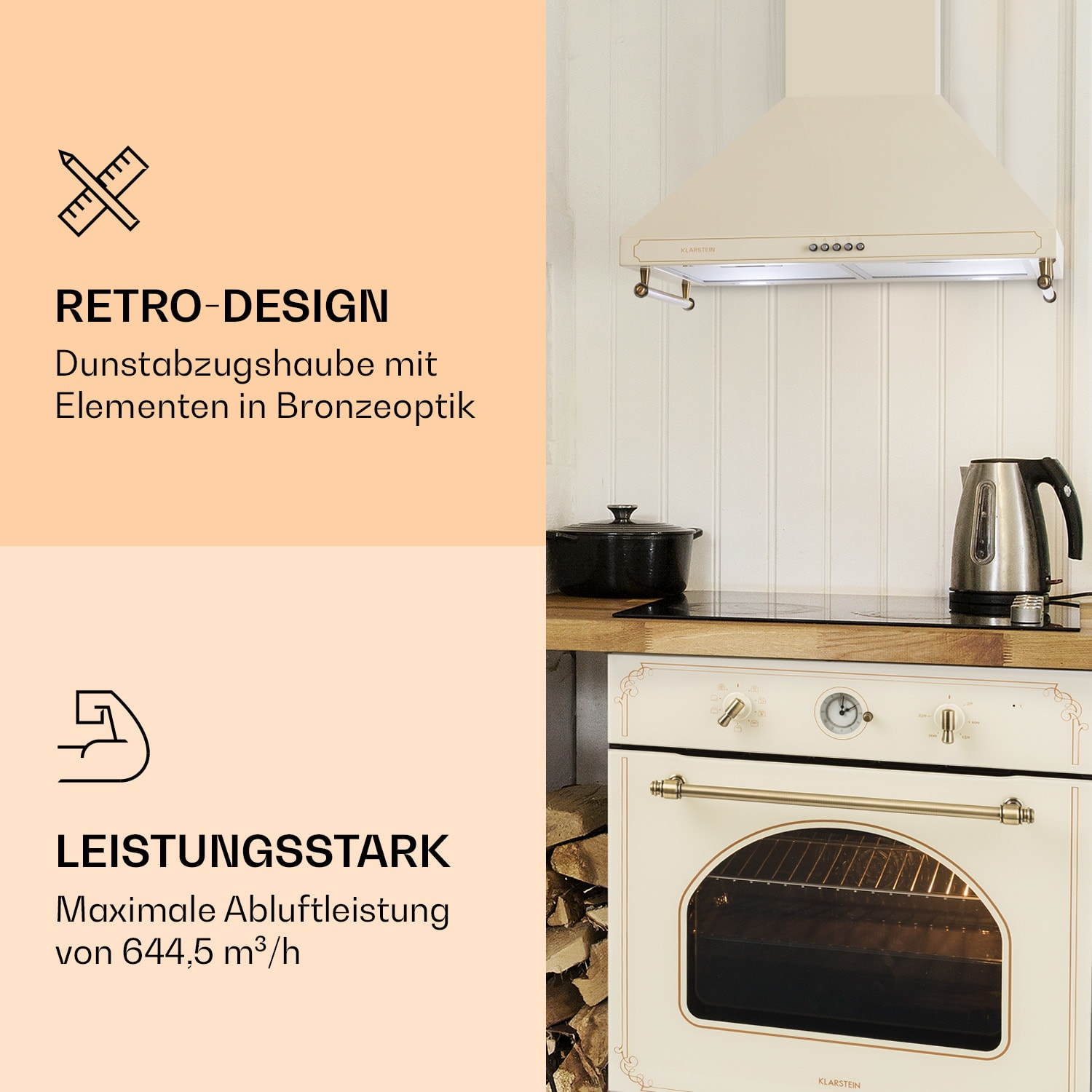 Elettrodomestici da cucina color crema dal design retrò: una cappa e un forno. La cappa ha elementi effetto bronzo.