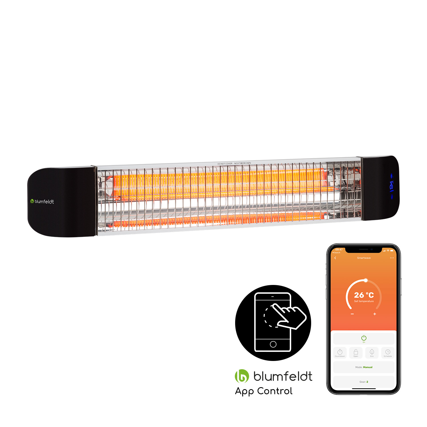 Schwarzer und silberner Heizstrahler mit orangen Heizelementen. Smartphone und Logo-Grafik im Vordergrund.