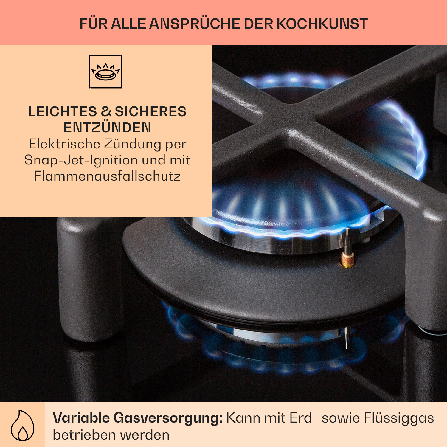 Nahaufnahme eines Gasherd-Brenners mit blauen Flammen.