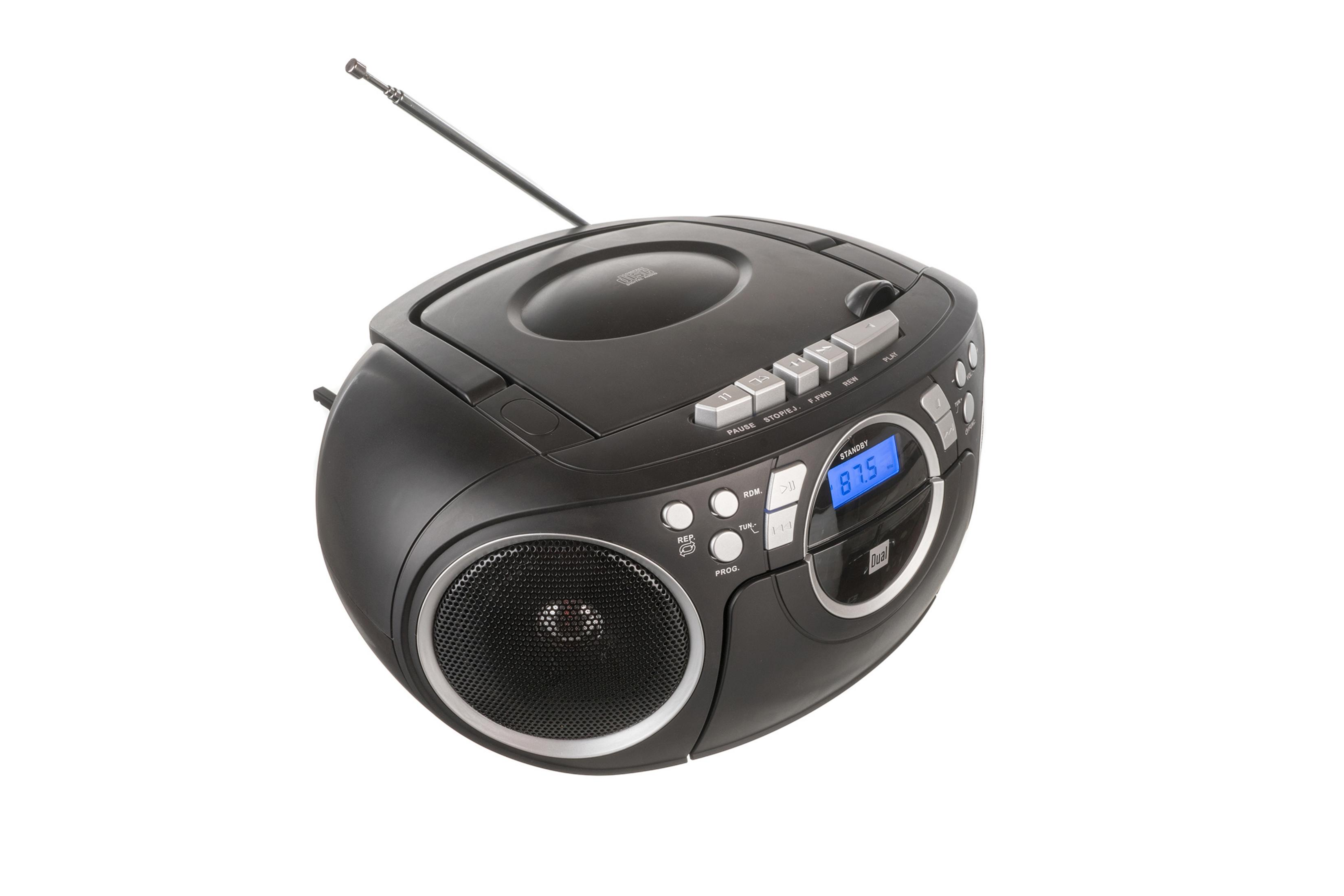Schwarze Boombox mit CD-Player, Radiotuner und Antenne, auf weißem Hintergrund.