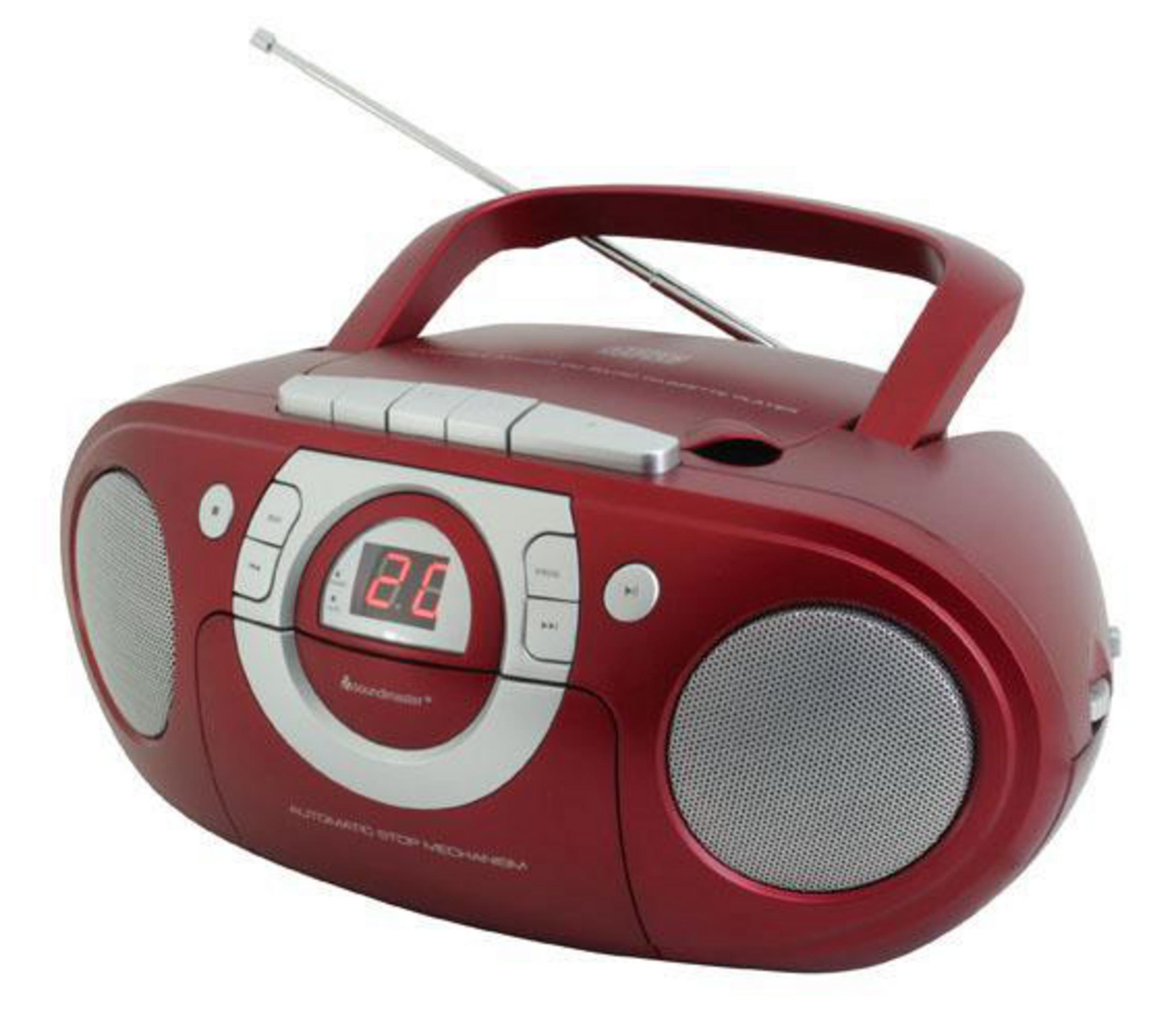 Un boombox rouge avec un affichage numérique. Le boombox a une poignée et des haut-parleurs.