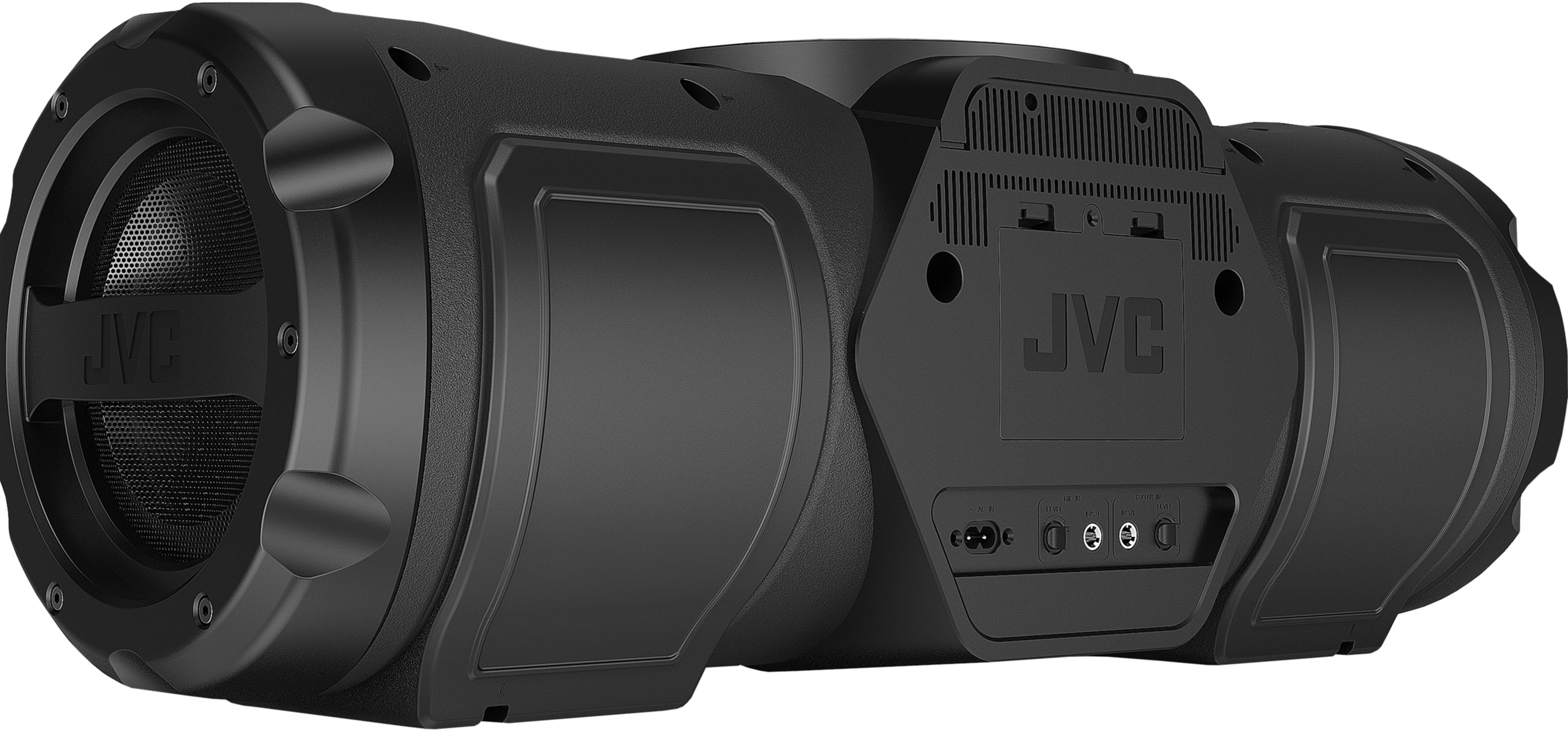 Schwarzer JVC-Lautsprecher. Es ist ein schwarzer Zylinder mit Lautsprechern an den Seiten und JVC-Logo.