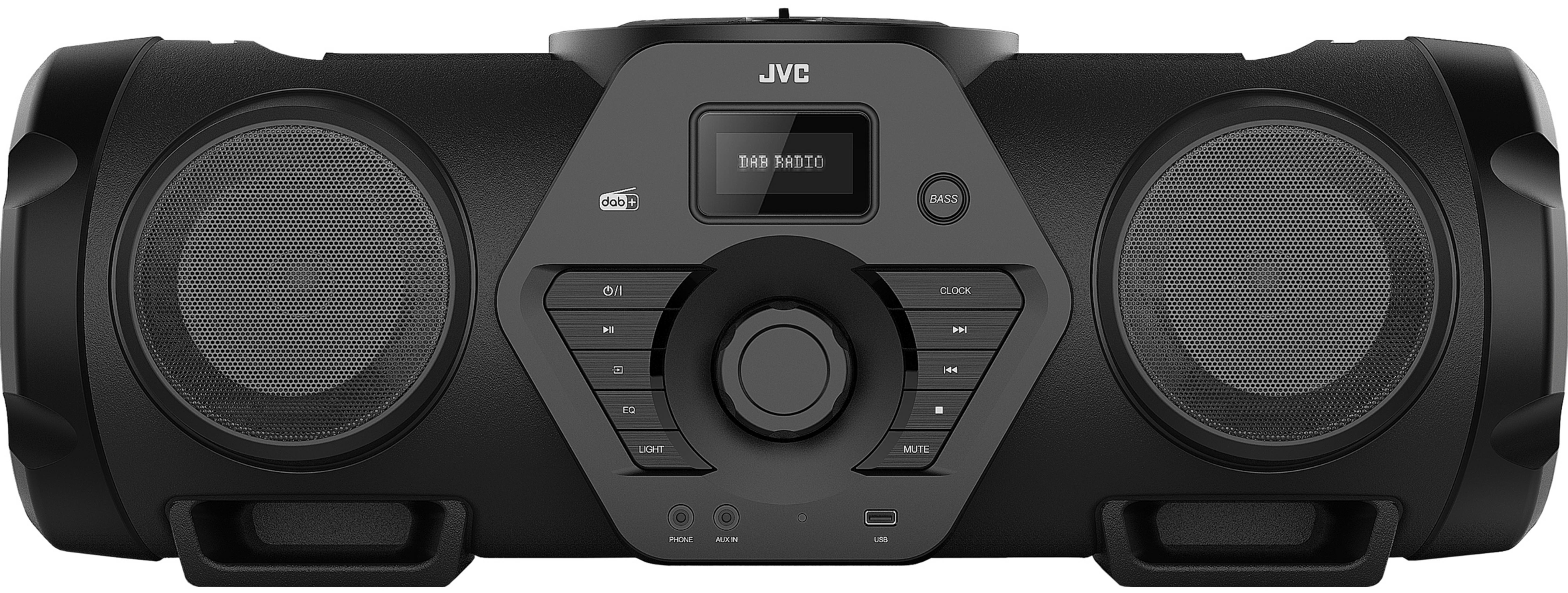 Schwarzes JVC Audiosystem mit Lautsprechern, Display und Bedientasten.