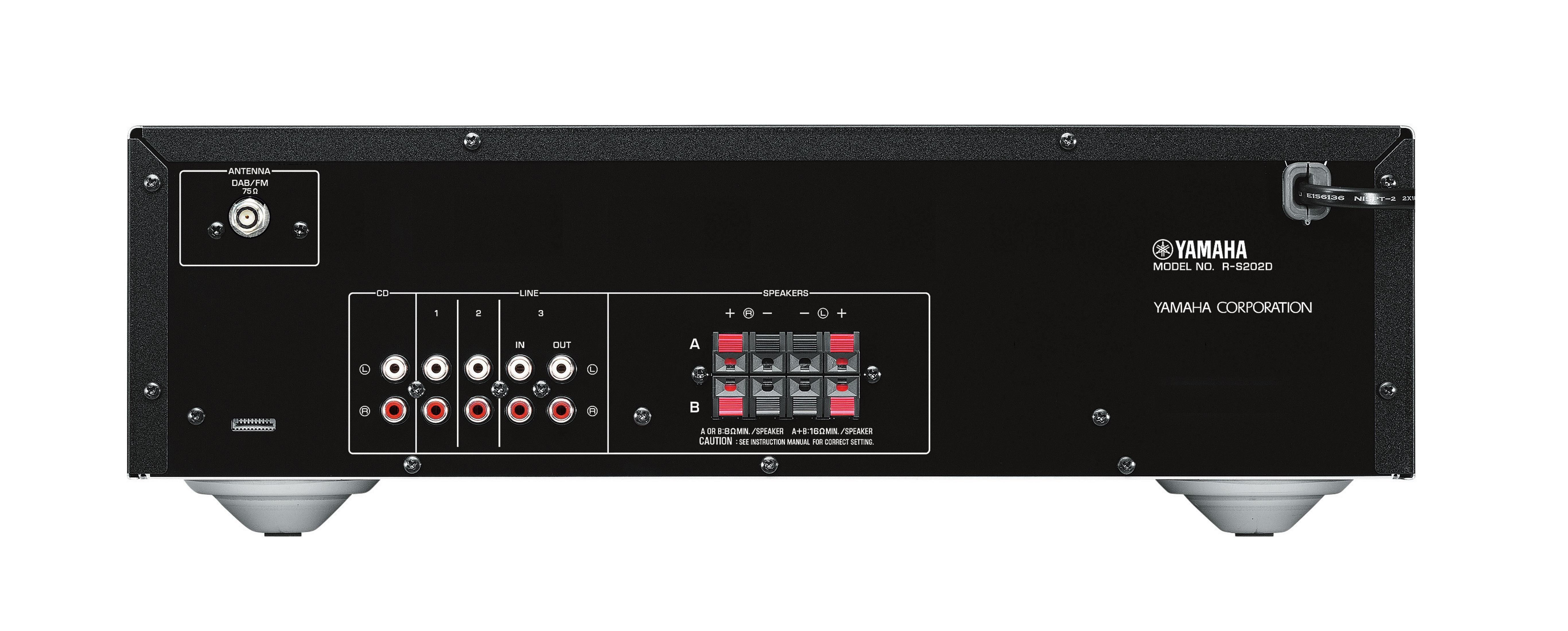 Widok z tyłu czarnego odbiornika Yamaha z różnymi portami wejścia/wyjścia i złączami na białym tle.