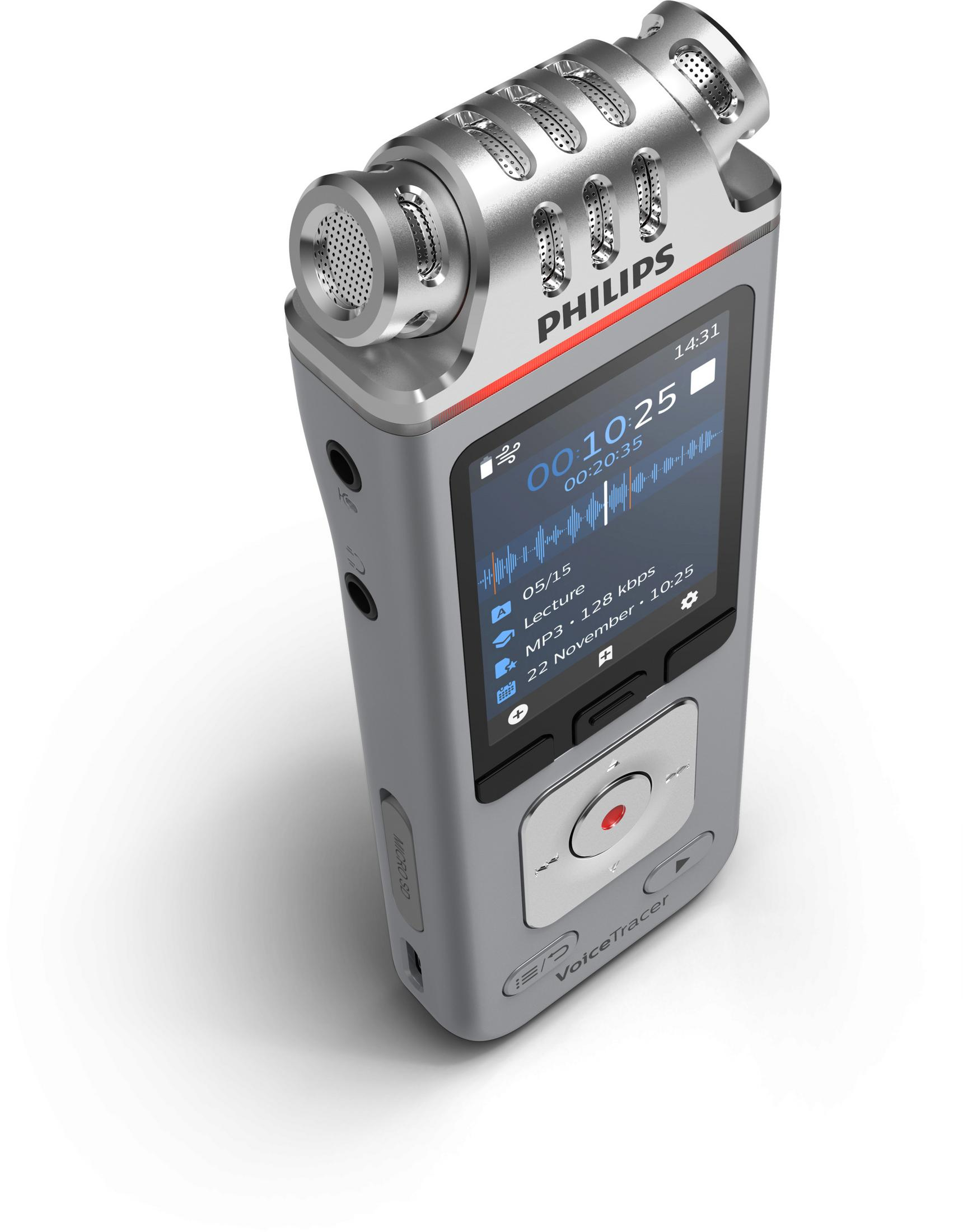 Ein silberner Sprachrekorder mit einem Bildschirm, der Aufnahmedetails anzeigt, der Philips VoiceTracer.