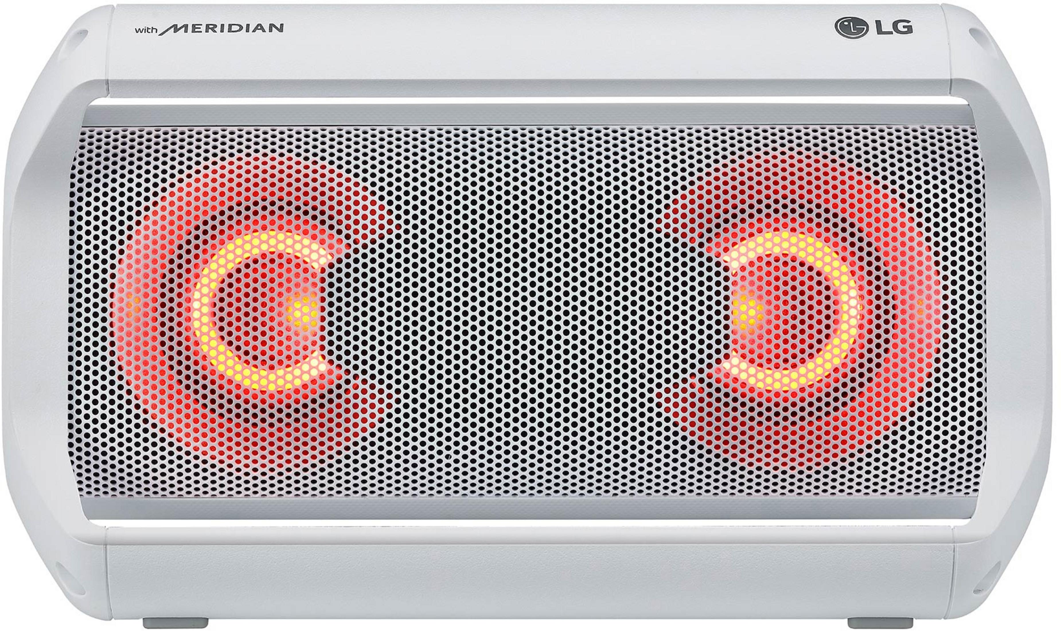 Weißer LG-Lautsprecher mit roten und gelben Lichtern. Er hat eine Mesh-Front und ein LG-Logo.