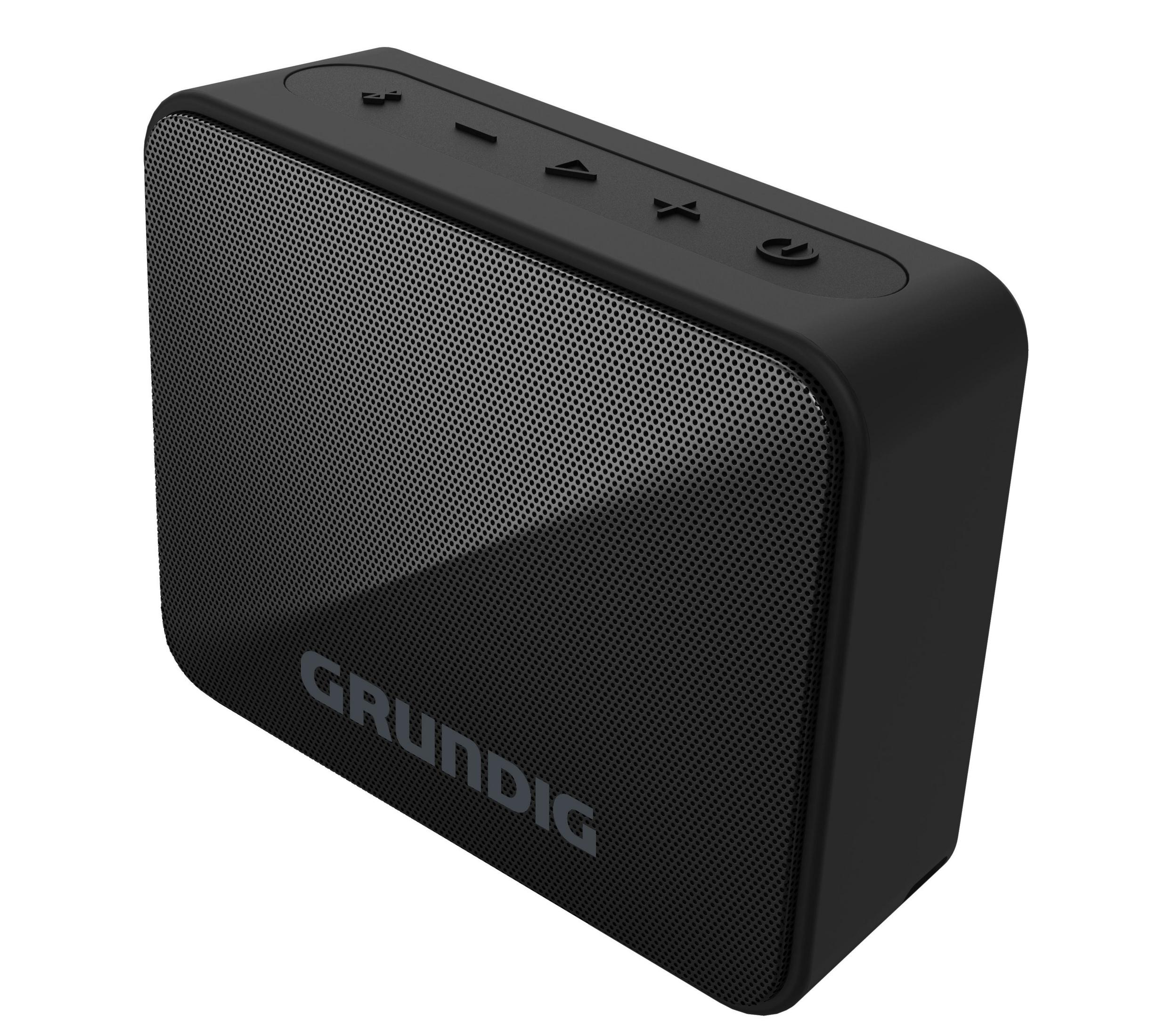Czarny, prostokątny głośnik z siatkowym przodem. Na górze przyciski, widoczne logo Grundig.