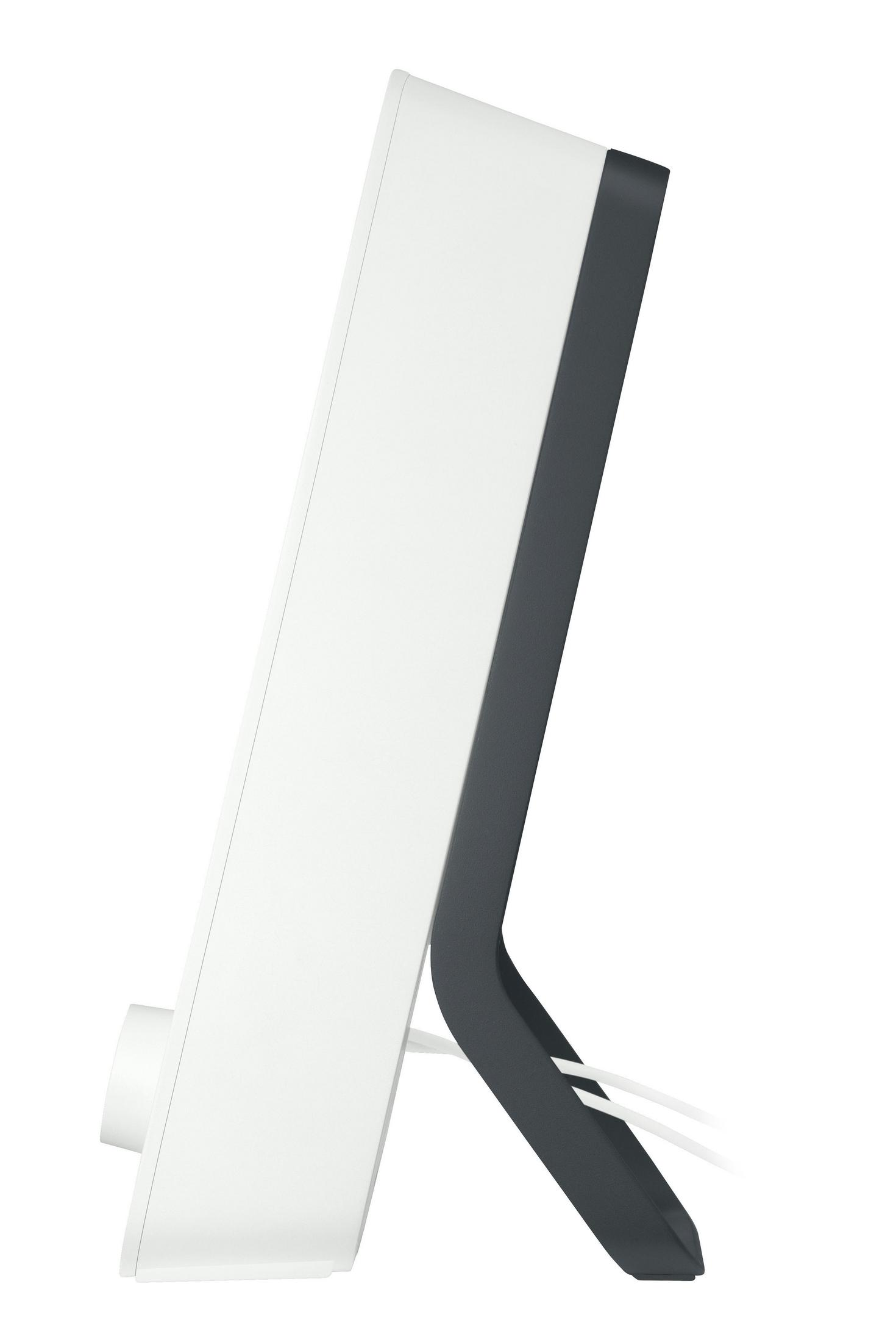 Un monitor de computadora blanco y negro, visto de lado. Fondo blanco.