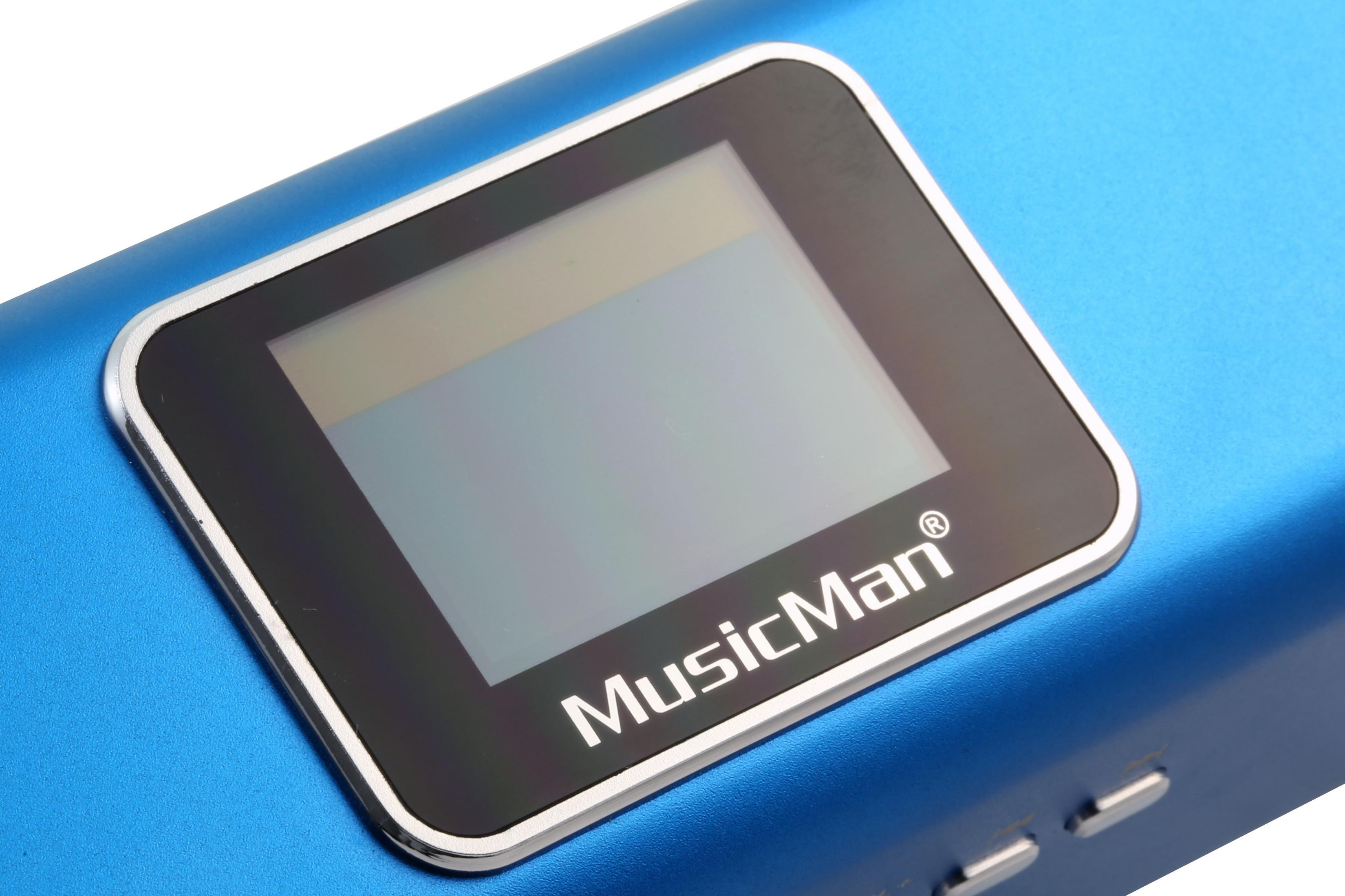 Zbliżenie niebieskiego odtwarzacza MP3 z ekranem wyświetlającym logo MusicMan.