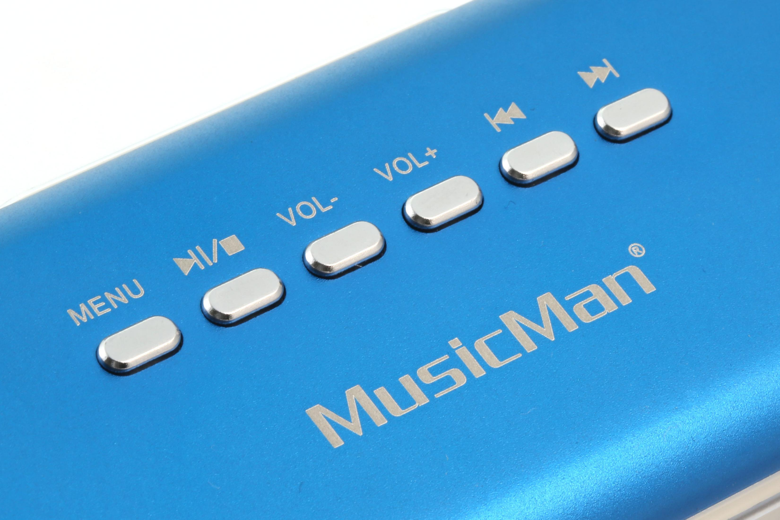 Zbliżenie niebieskiego odtwarzacza muzyki ze srebrnymi przyciskami. Tekst: MENU, odtwarzaj/pauza, vol-, vol+, dalej.