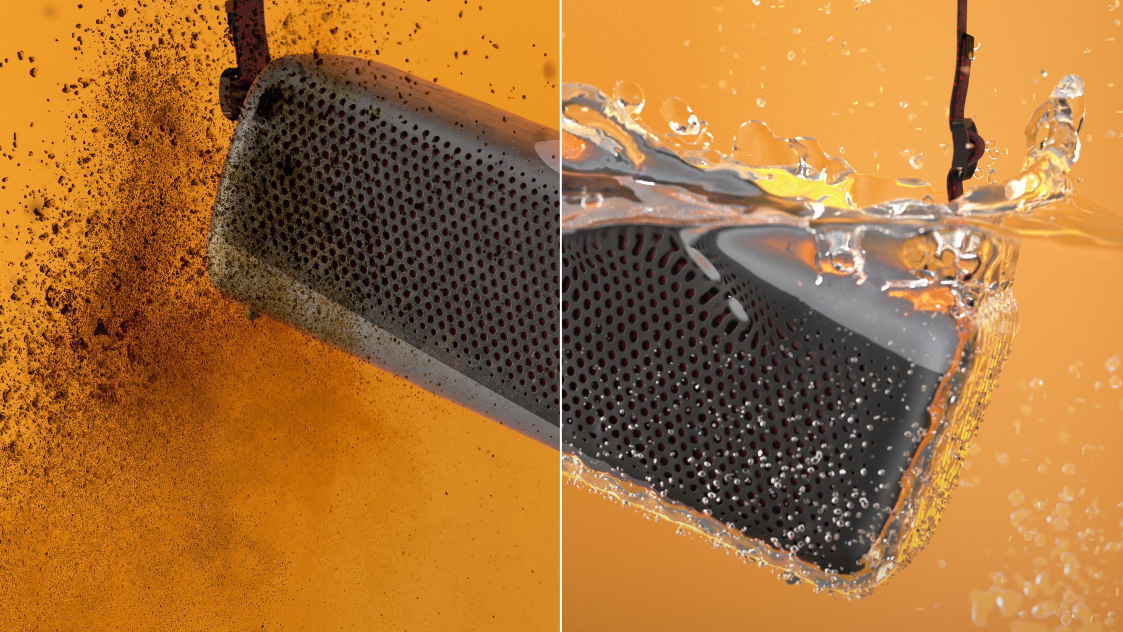 Deux images d'un haut-parleur en cours de nettoyage. L'une avec de la poussière, l'autre immergée dans l'eau.