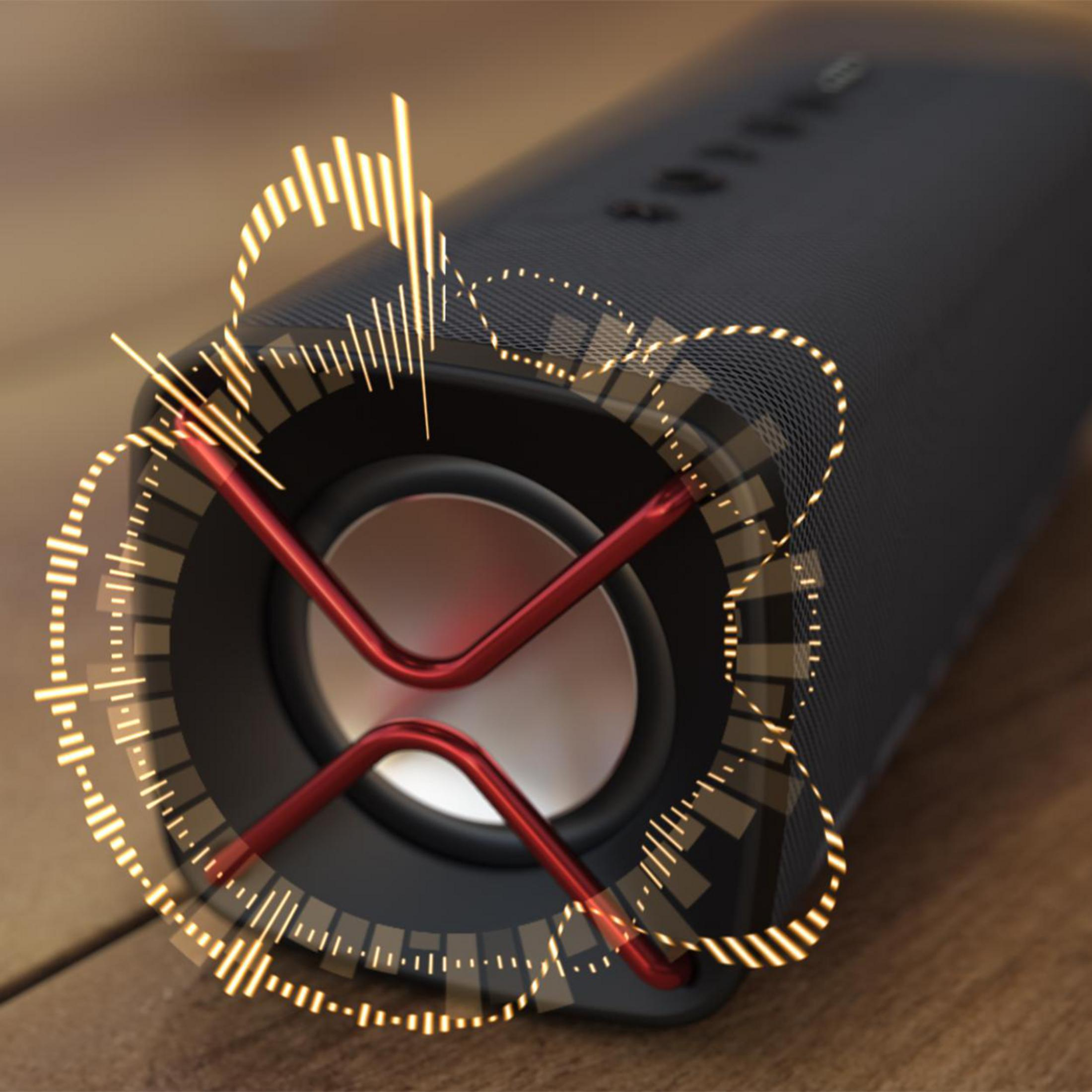 Czarny głośnik z efektem fali dźwiękowej wokół. Czerwona linia akcentu.