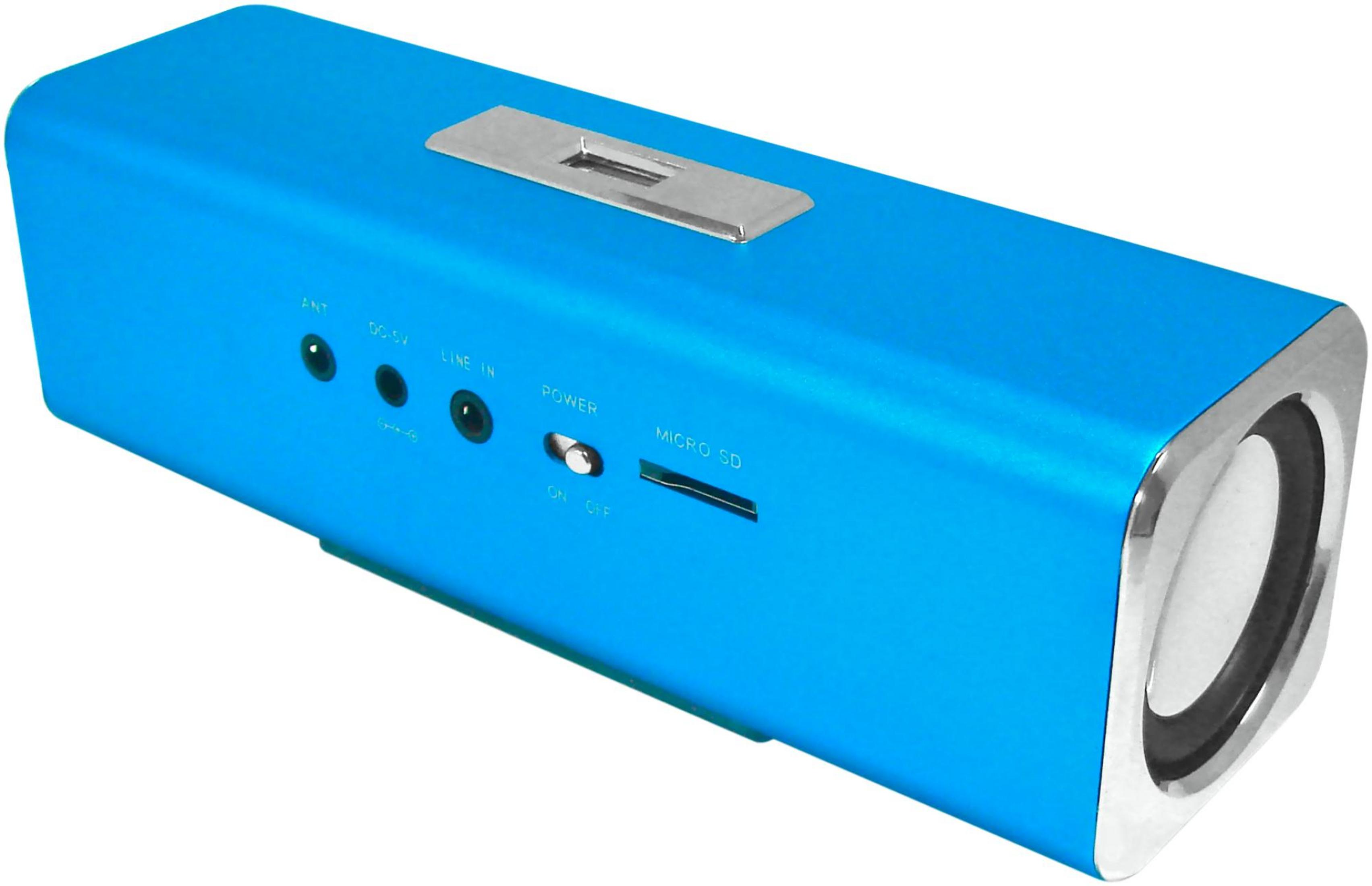 Niebieski prostokątny głośnik Bluetooth z chromowanymi krawędziami i portami.