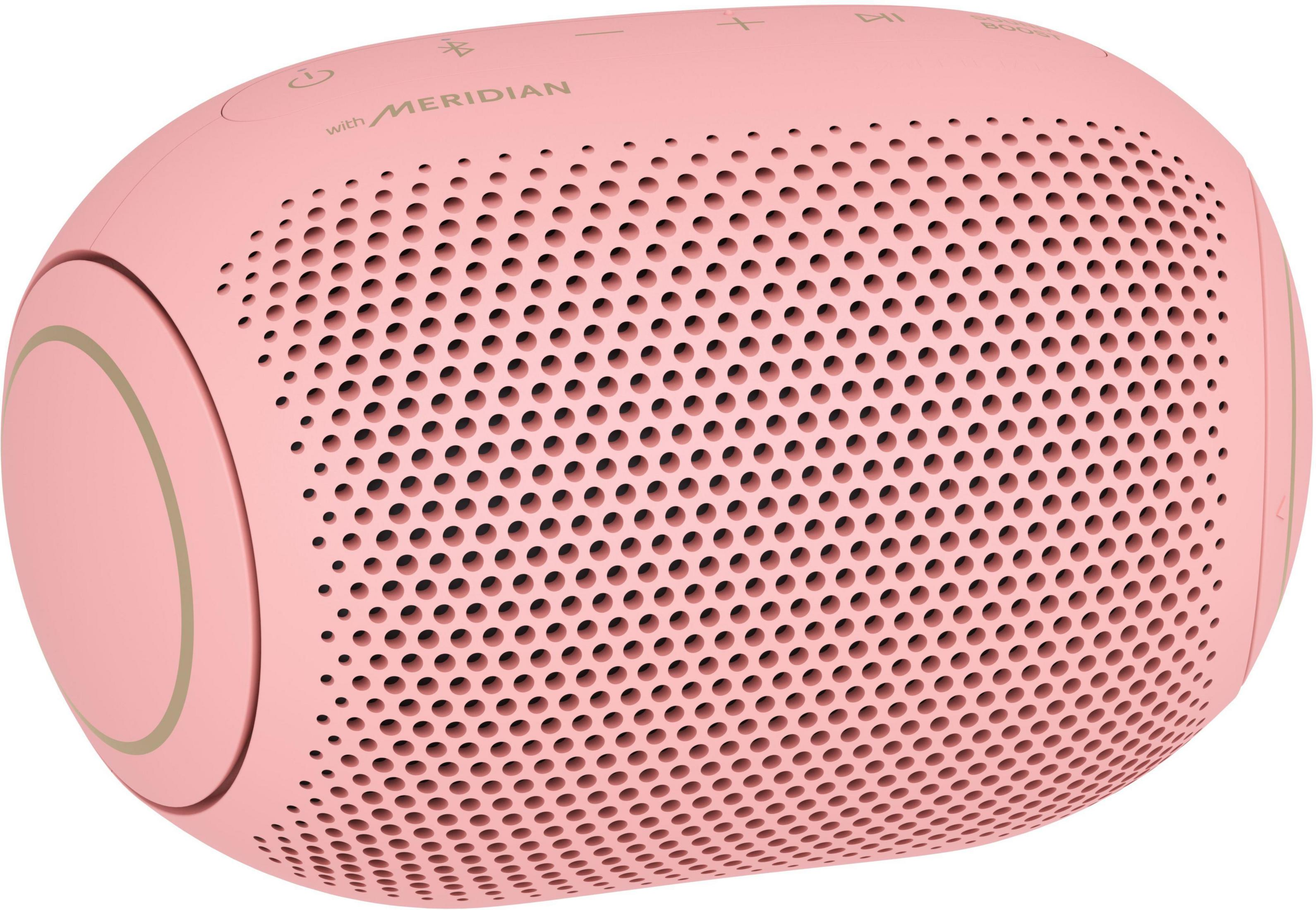 Altoparlante ovale rosa con logo Meridian e pulsanti di controllo. Pannello frontale perforato.