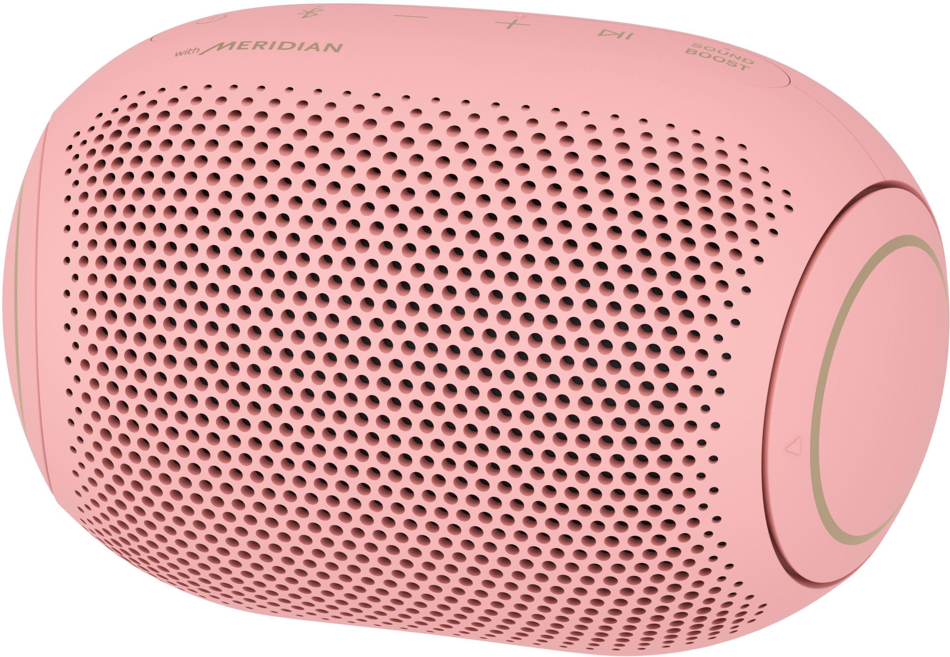 Un altoparlante portatile rosa con molti fori sulla superficie.