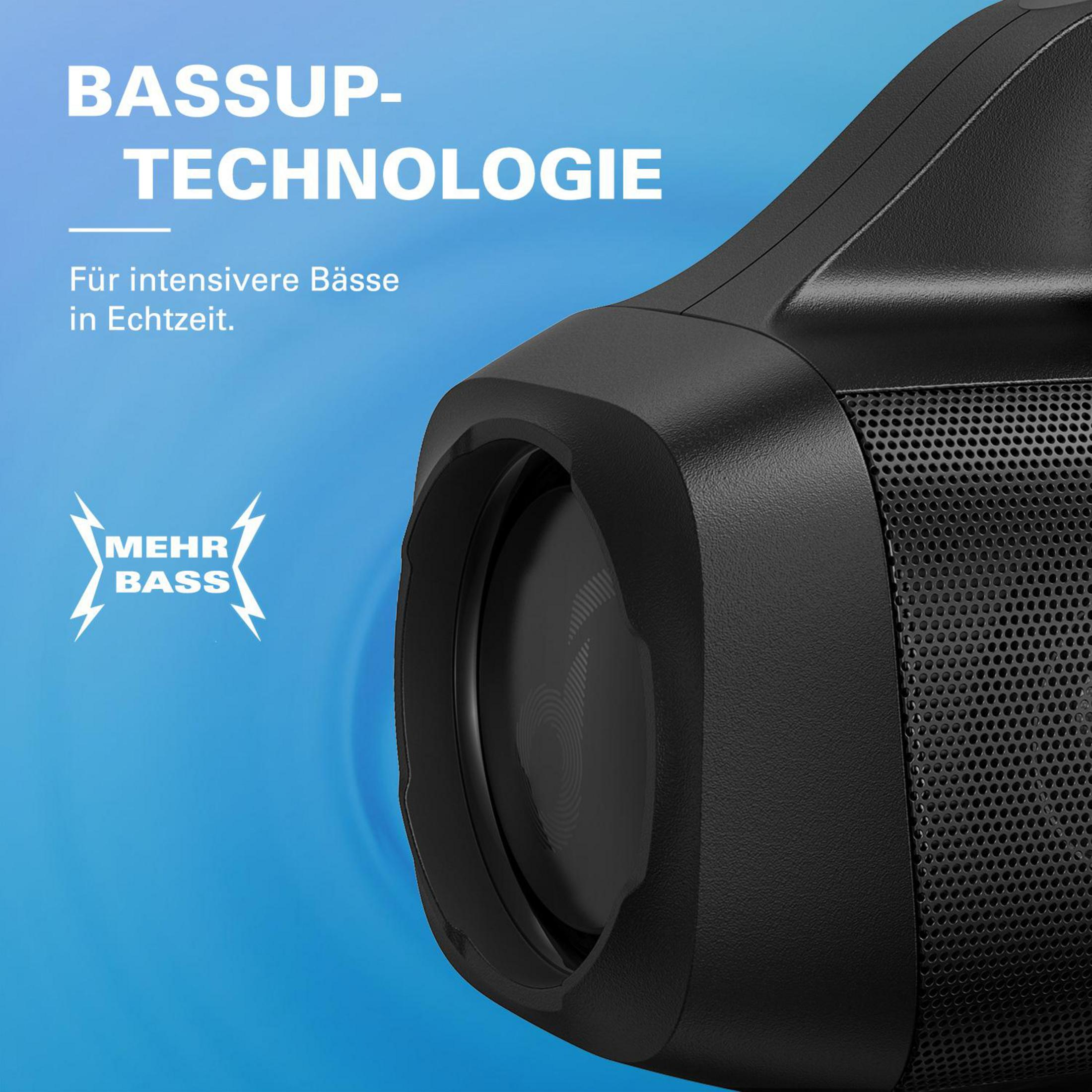 Haut-parleur avec le texte "BASSUP-TECHNOLOGIE" et "MEHR BASS". Schéma de couleurs bleu et noir.