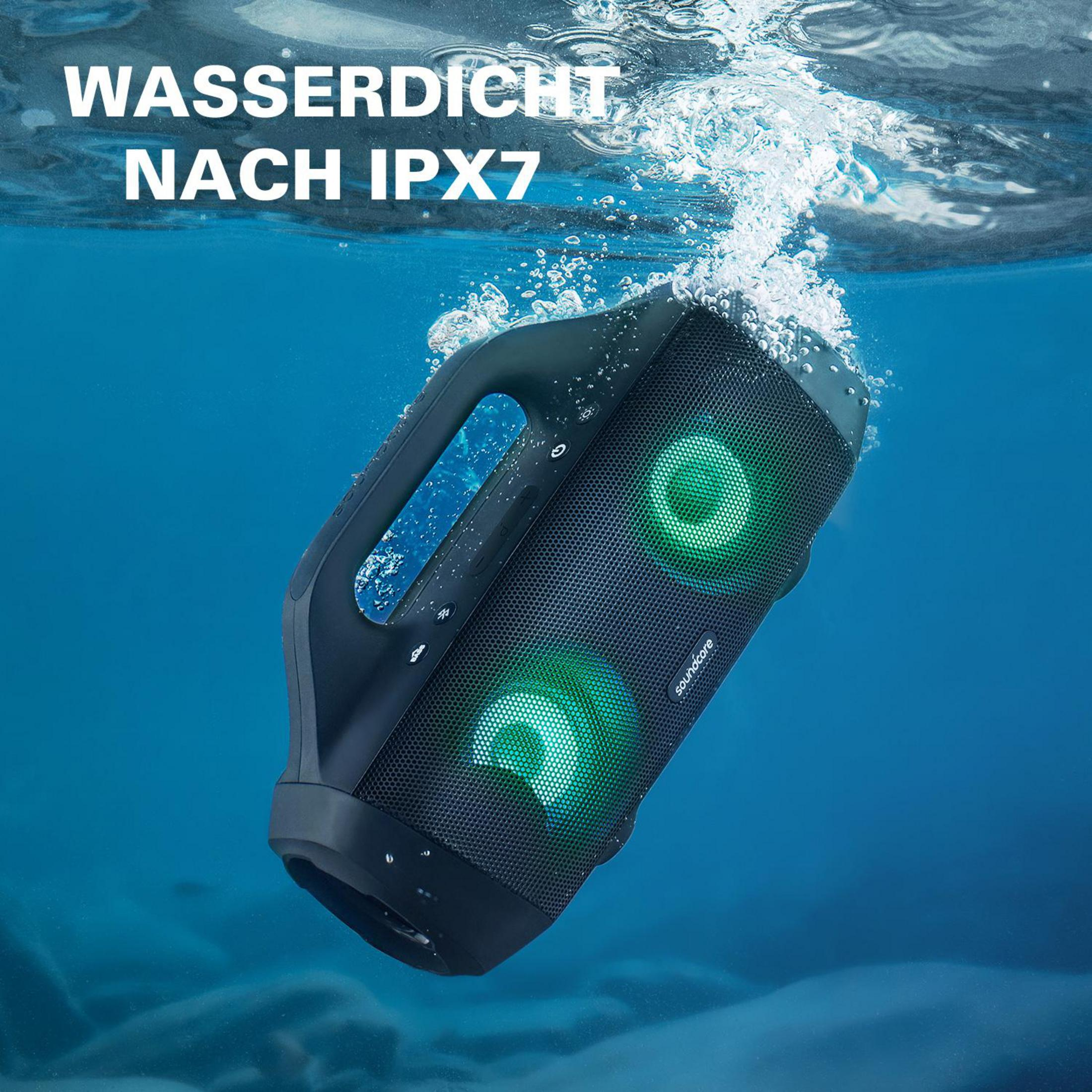Haut-parleur noir immergé dans l'eau bleue, texte 'Wasserdicht nach IPX7'. Lumière verte.