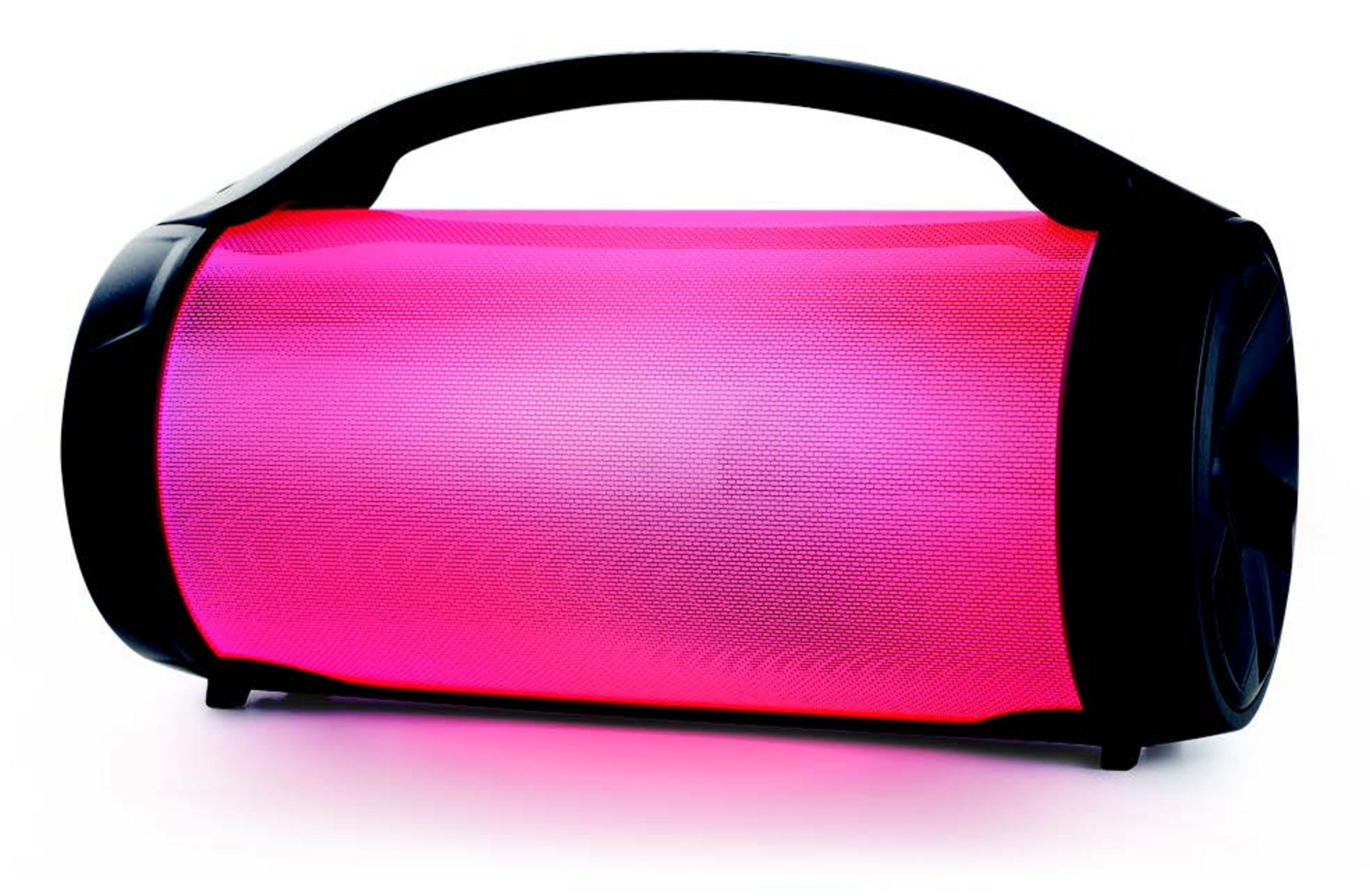 Różowy, podświetlony głośnik cylindryczny z czarnymi końcami. Ma uchwyt na górze i jest odizolowany.