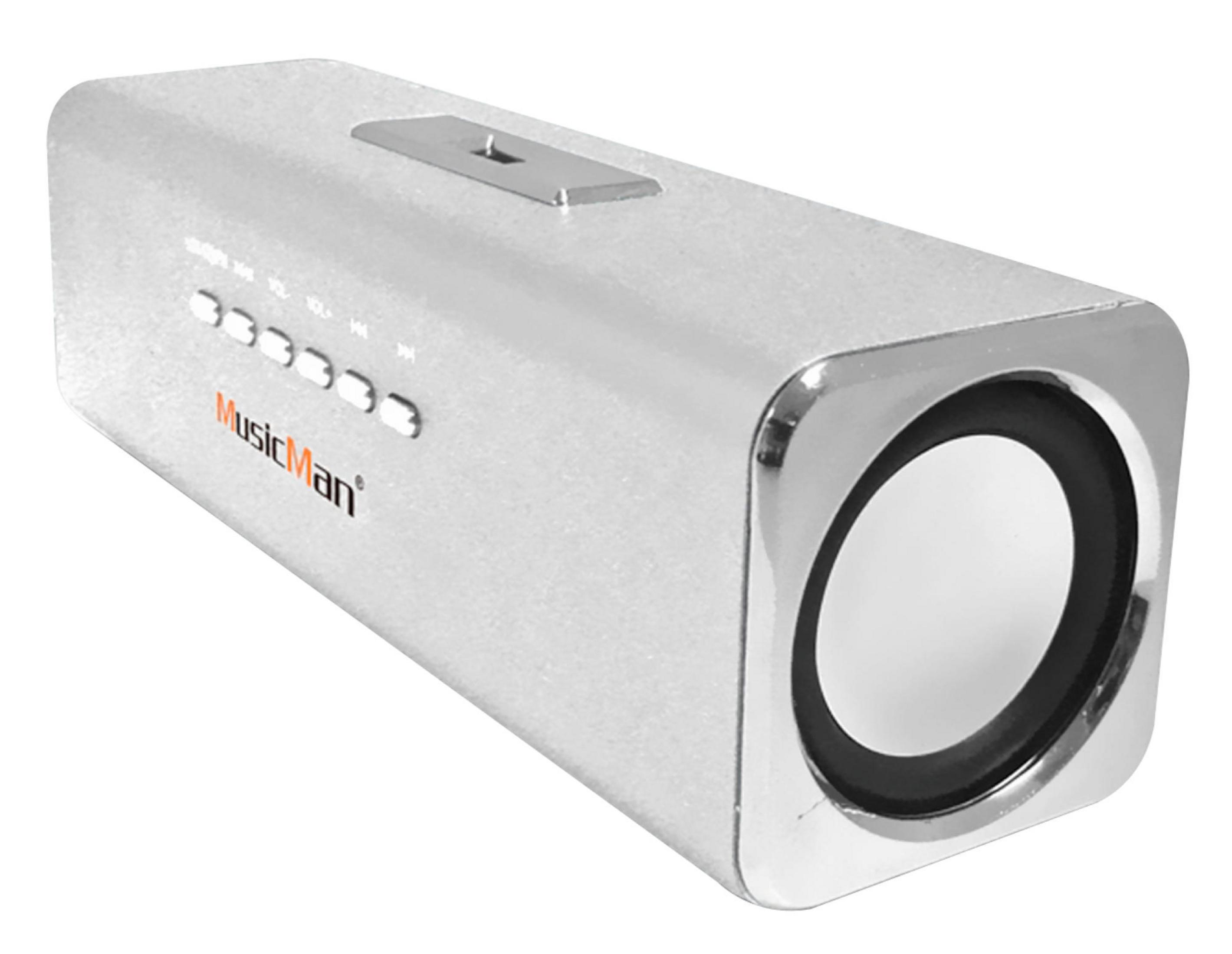 Srebrny głośnik MusicMan. Ma przyciski i głośnik na końcu. Białe tło.