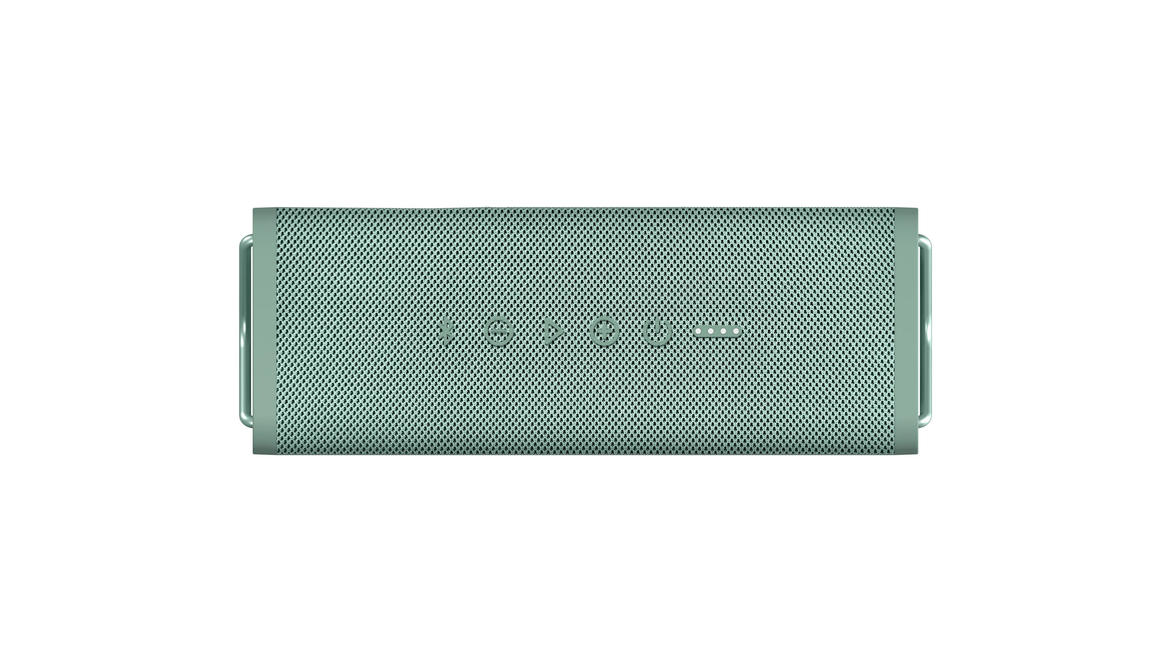 Widok z góry na prostokątny głośnik w kolorze jasnozielonym. Ma metalową siatkę i srebrne akcenty. Gładkie białe tło.