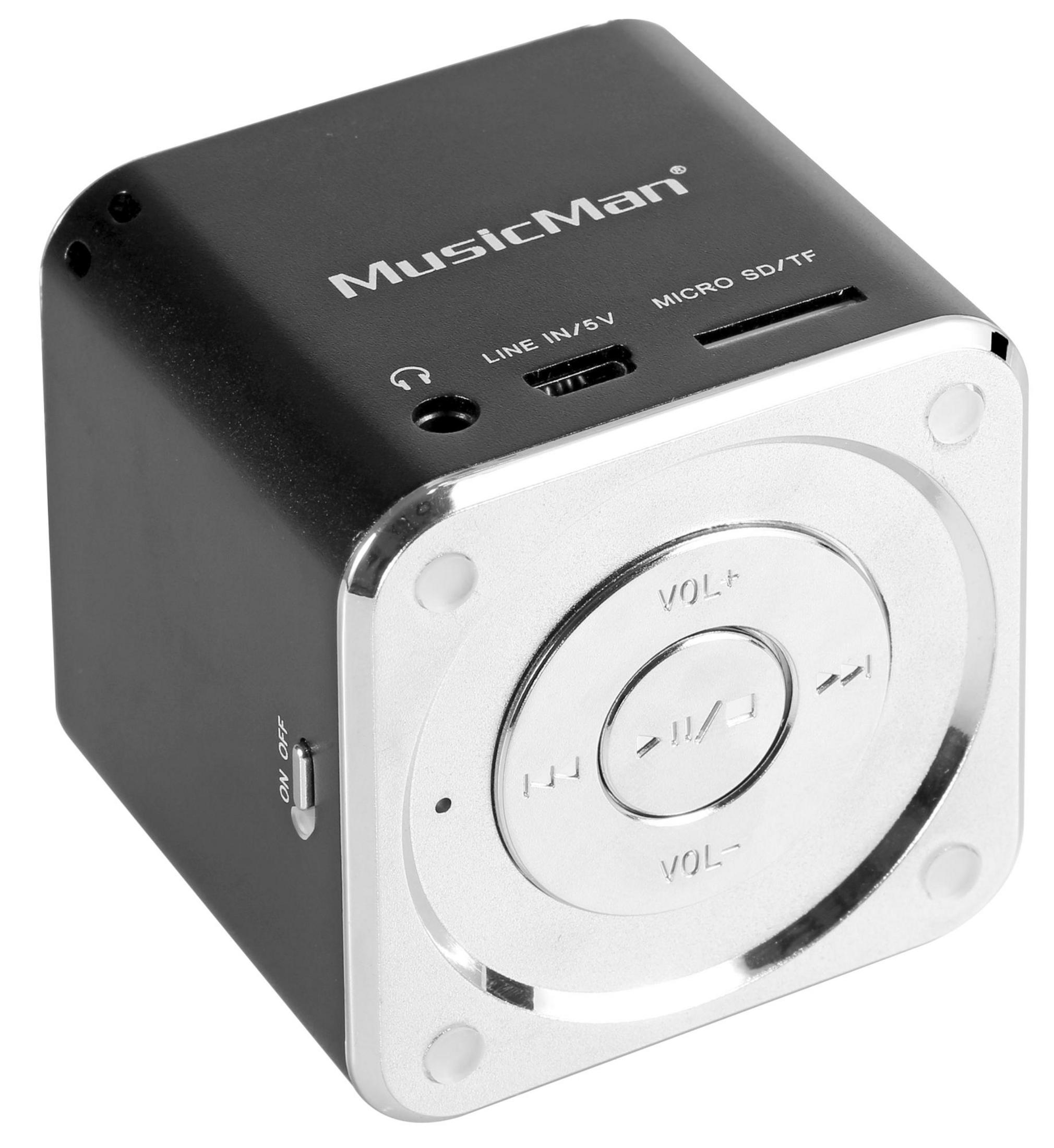 Schwarzer MusicMan-Lautsprecher. Es hat ein silbernes Bedienfeld und Tasten.