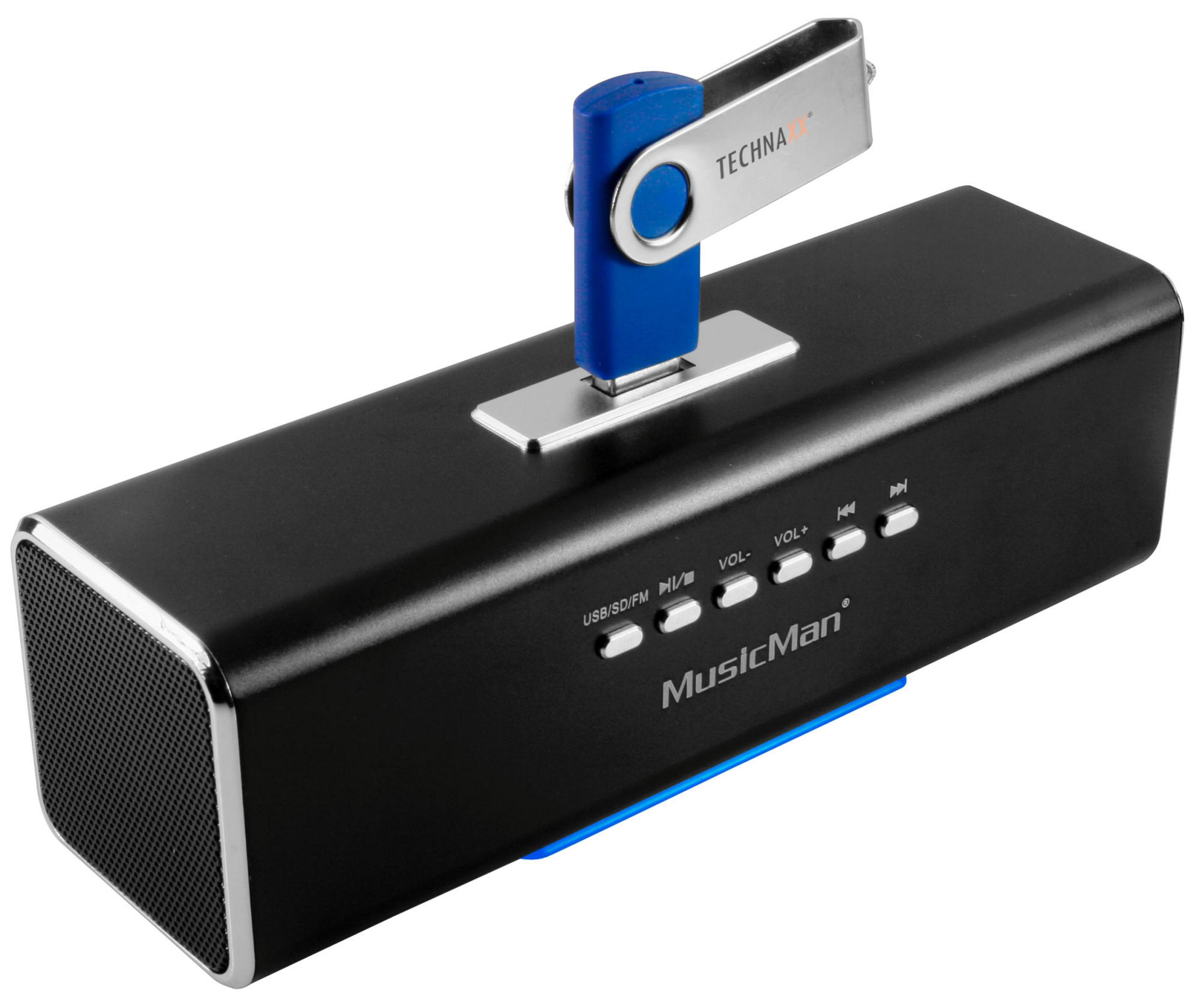 Czarny głośnik MusicMan z niebieskim pendrivem. Pendrive jest niebieski z logo TECHNAK.